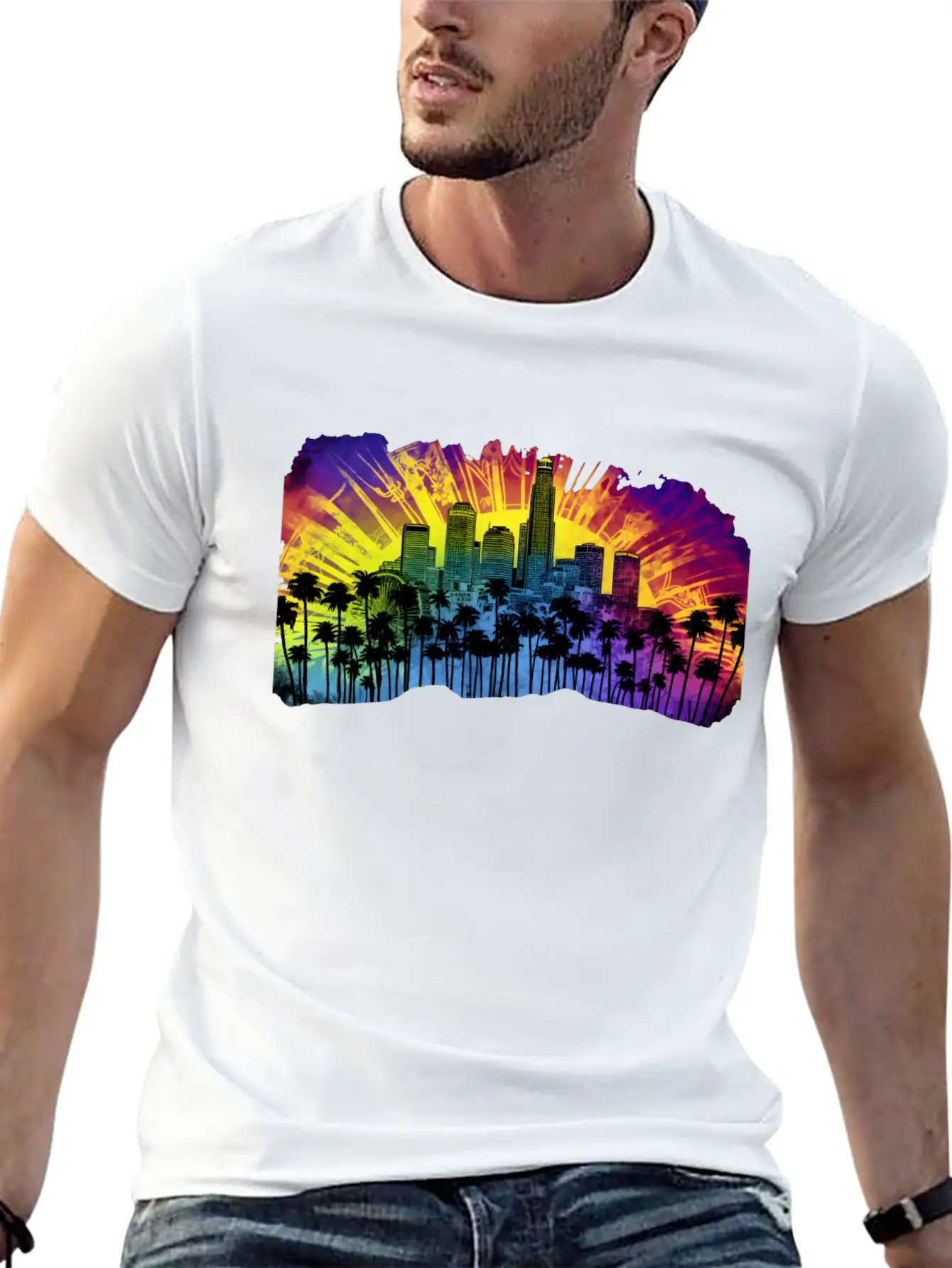 Psychedelic Los Angele A Tie Dye Surreal Cityscape Lightweight Cotton T-Shirt – Daily Comfort Graphic Shirt
