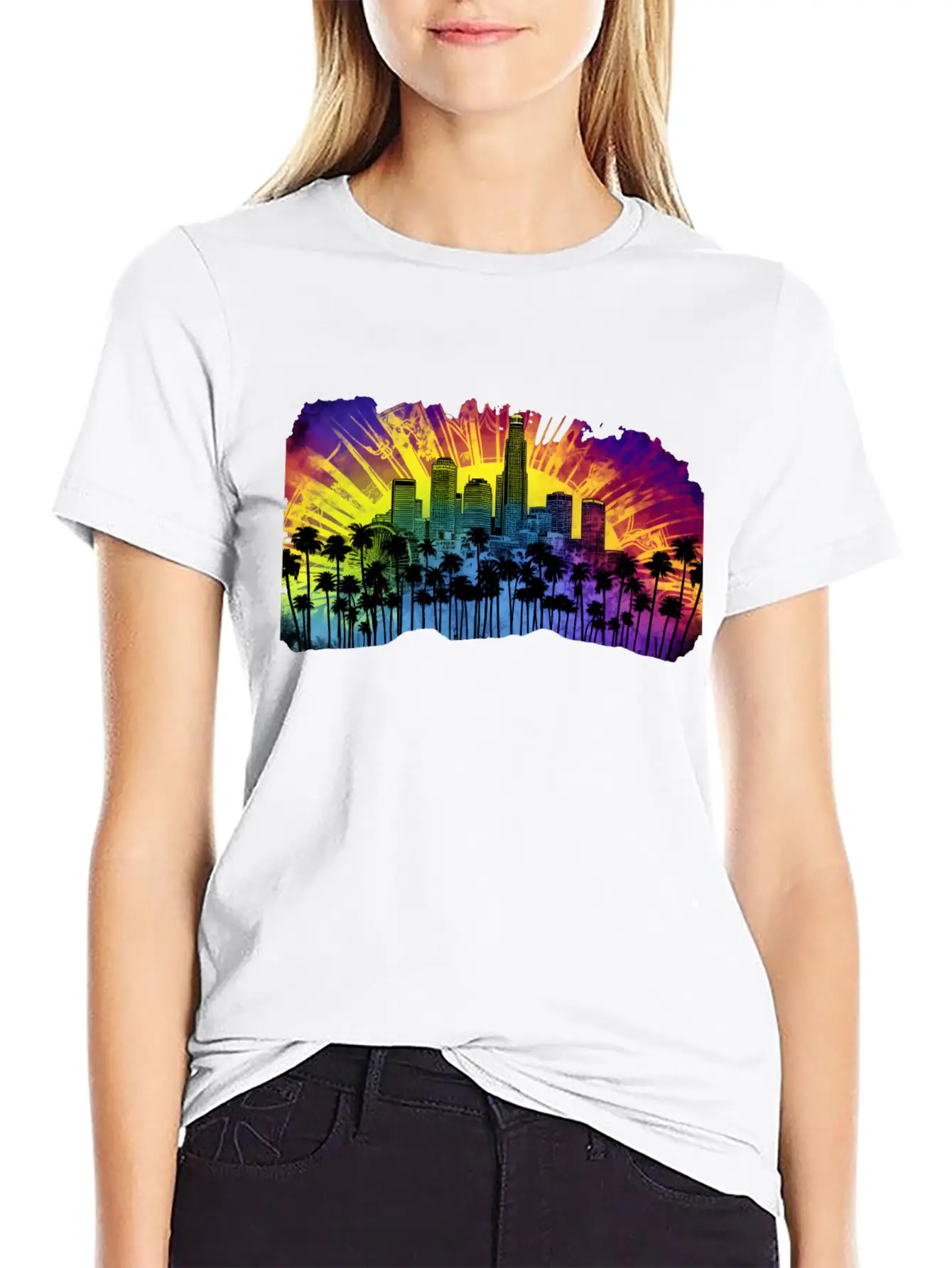 Psychedelic Los Angele A Tie Dye Surreal Cityscape Lightweight Cotton T-Shirt – Daily Comfort Graphic Shirt