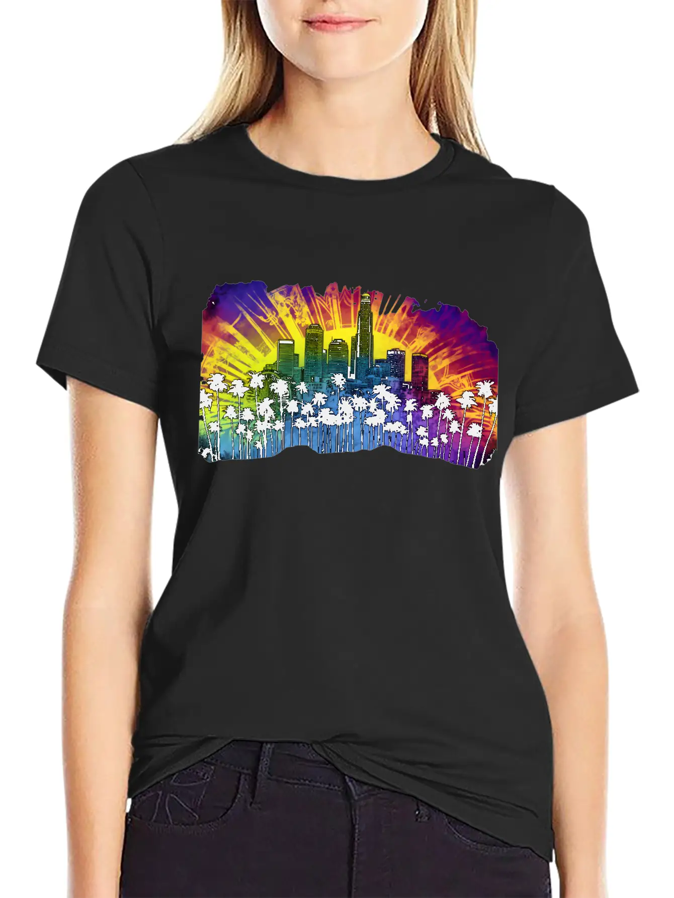 Psychedelic Los Angele A Tie Dye Surreal Cityscape Lightweight Cotton T-Shirt – Daily Comfort Graphic Shirt