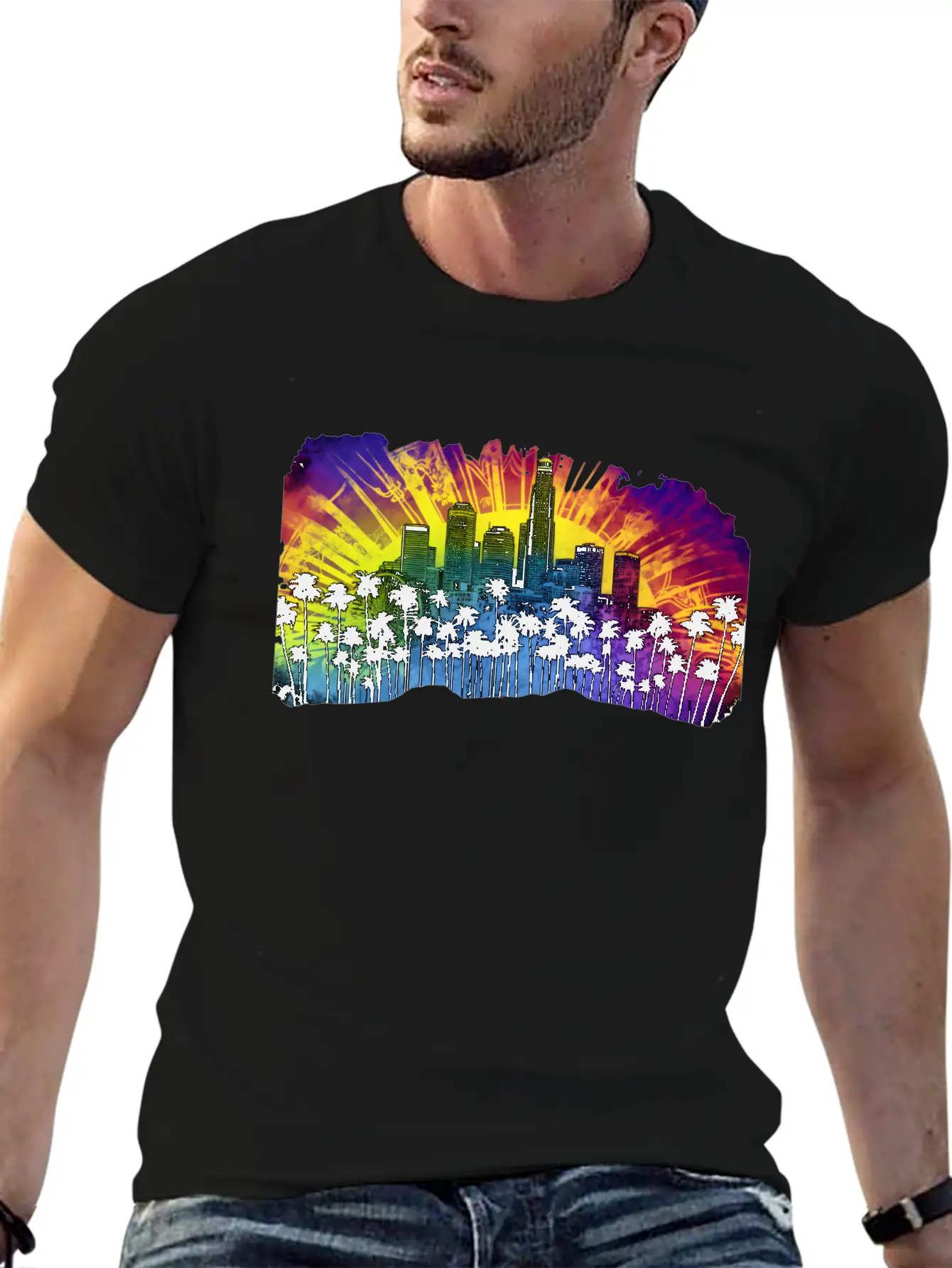 Psychedelic Los Angele A Tie Dye Surreal Cityscape Lightweight Cotton T-Shirt – Daily Comfort Graphic Shirt