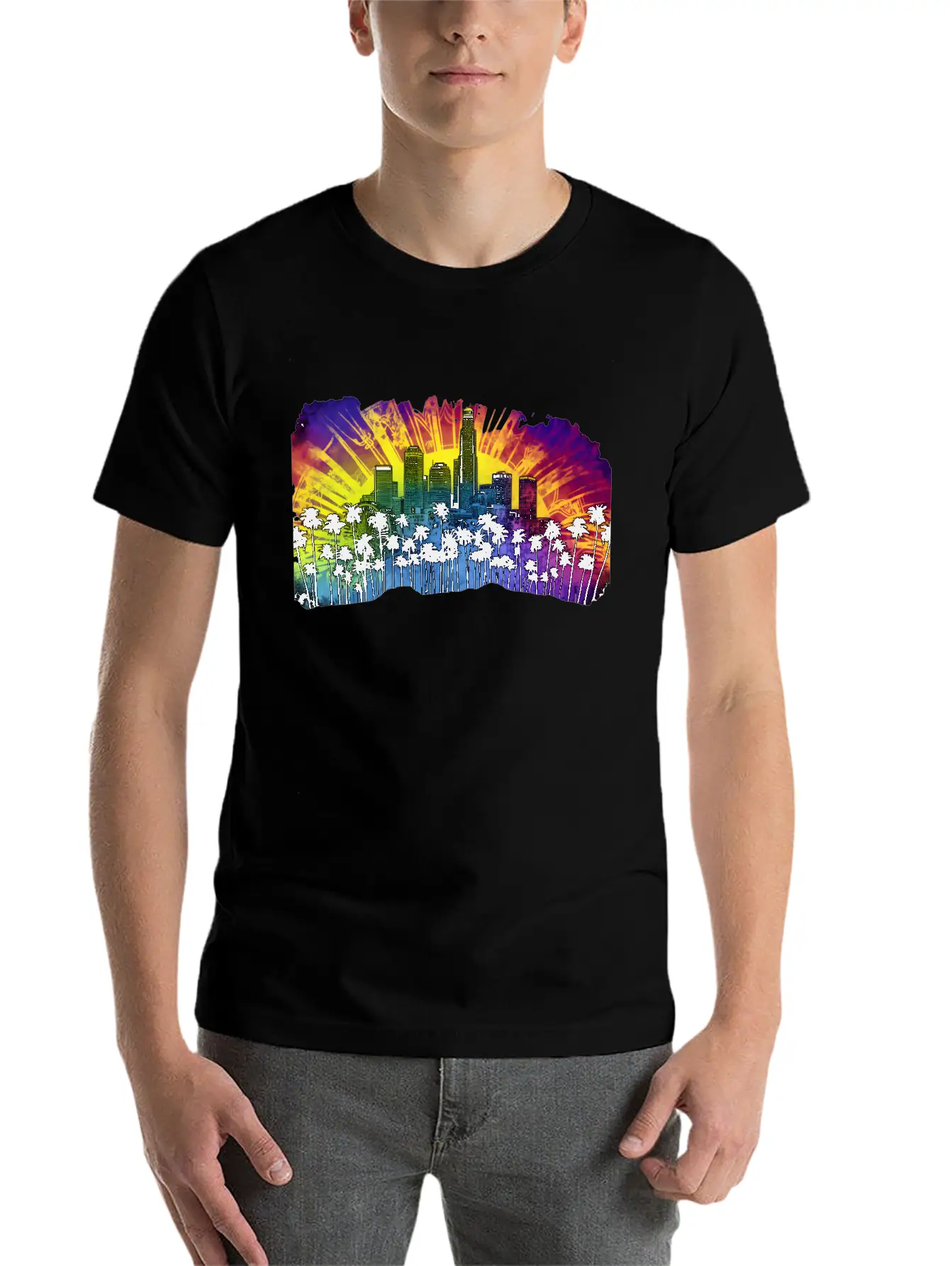 Psychedelic Los Angele A Tie Dye Surreal Cityscape Lightweight Cotton T-Shirt – Daily Comfort Graphic Shirt