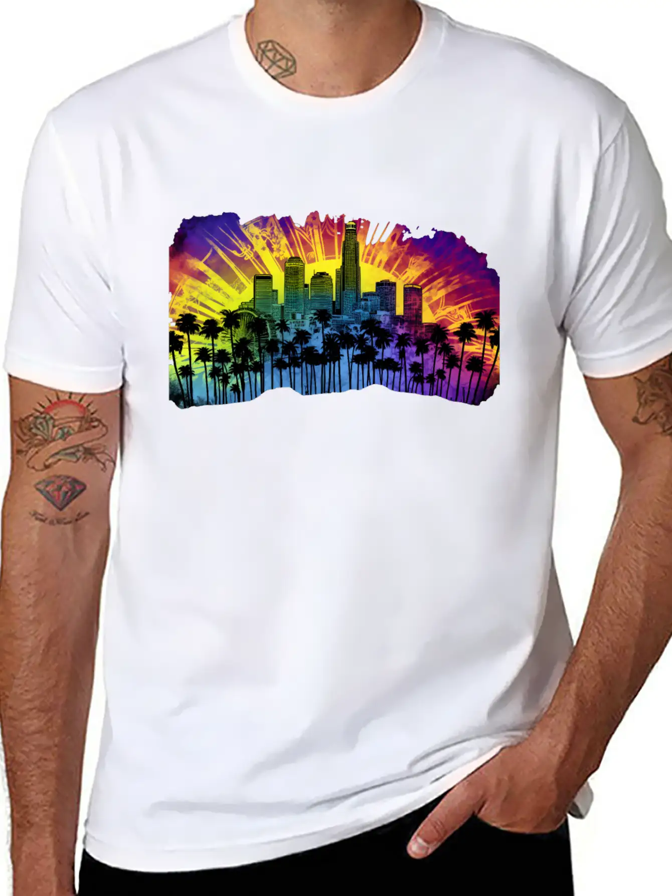 Psychedelic Los Angele A Tie Dye Surreal Cityscape Lightweight Cotton T-Shirt – Daily Comfort Graphic Shirt