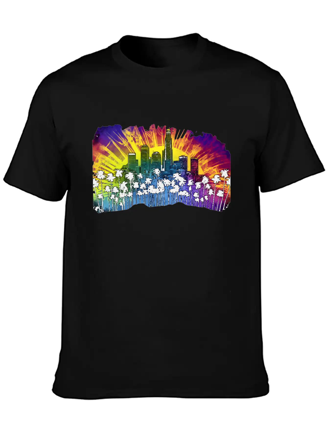 Psychedelic Los Angele A Tie Dye Surreal Cityscape Lightweight Cotton T-Shirt – Daily Comfort Graphic Shirt