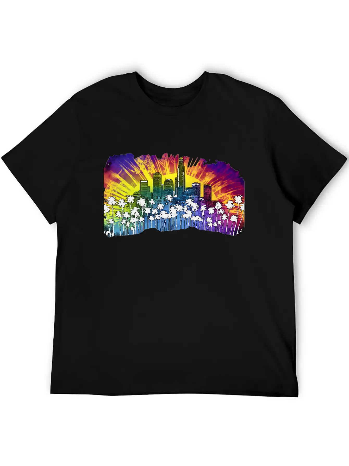 Psychedelic Los Angele A Tie Dye Surreal Cityscape Lightweight Cotton T-Shirt – Daily Comfort Graphic Shirt