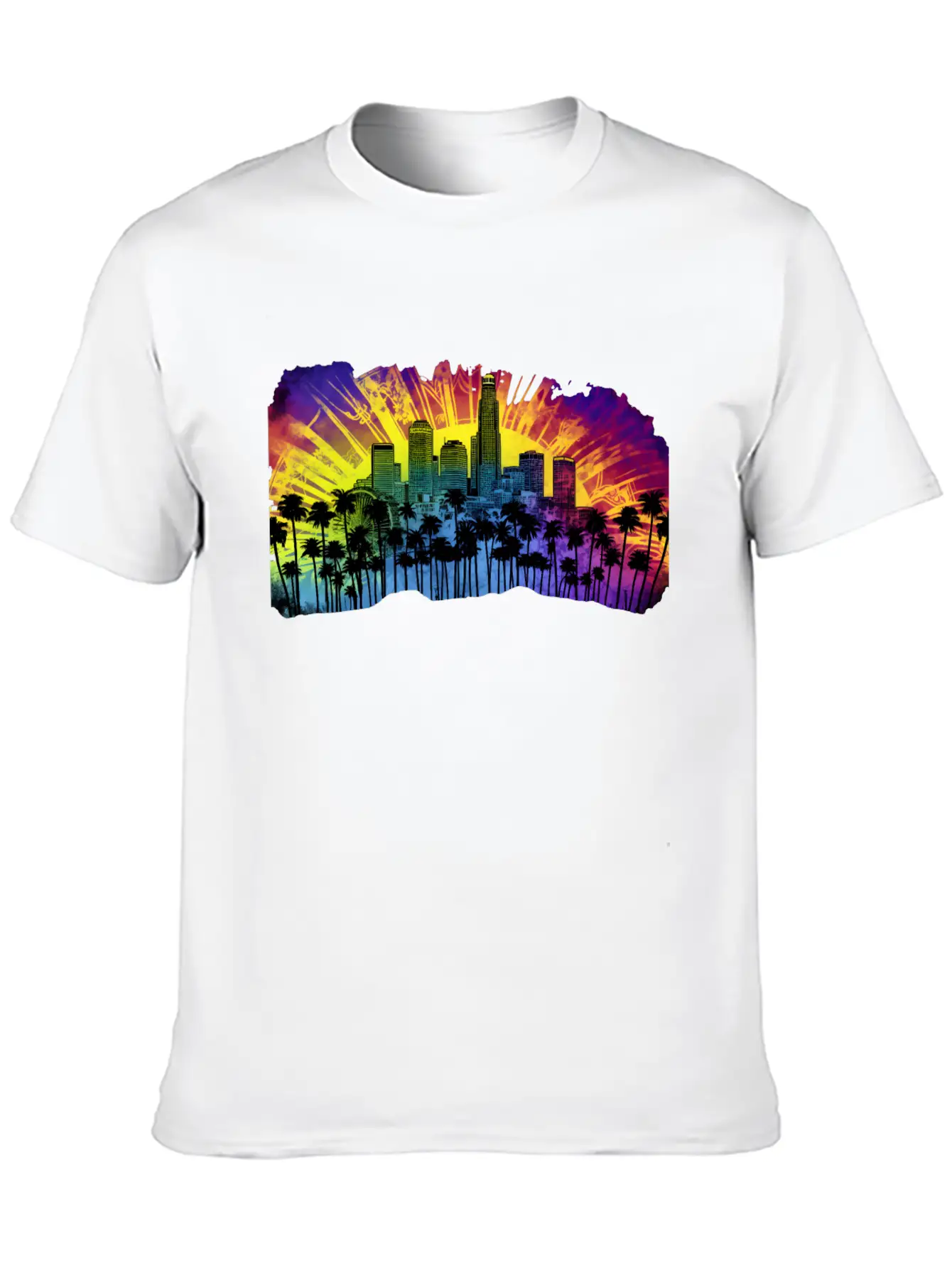 Psychedelic Los Angele A Tie Dye Surreal Cityscape Lightweight Cotton T-Shirt – Daily Comfort Graphic Shirt