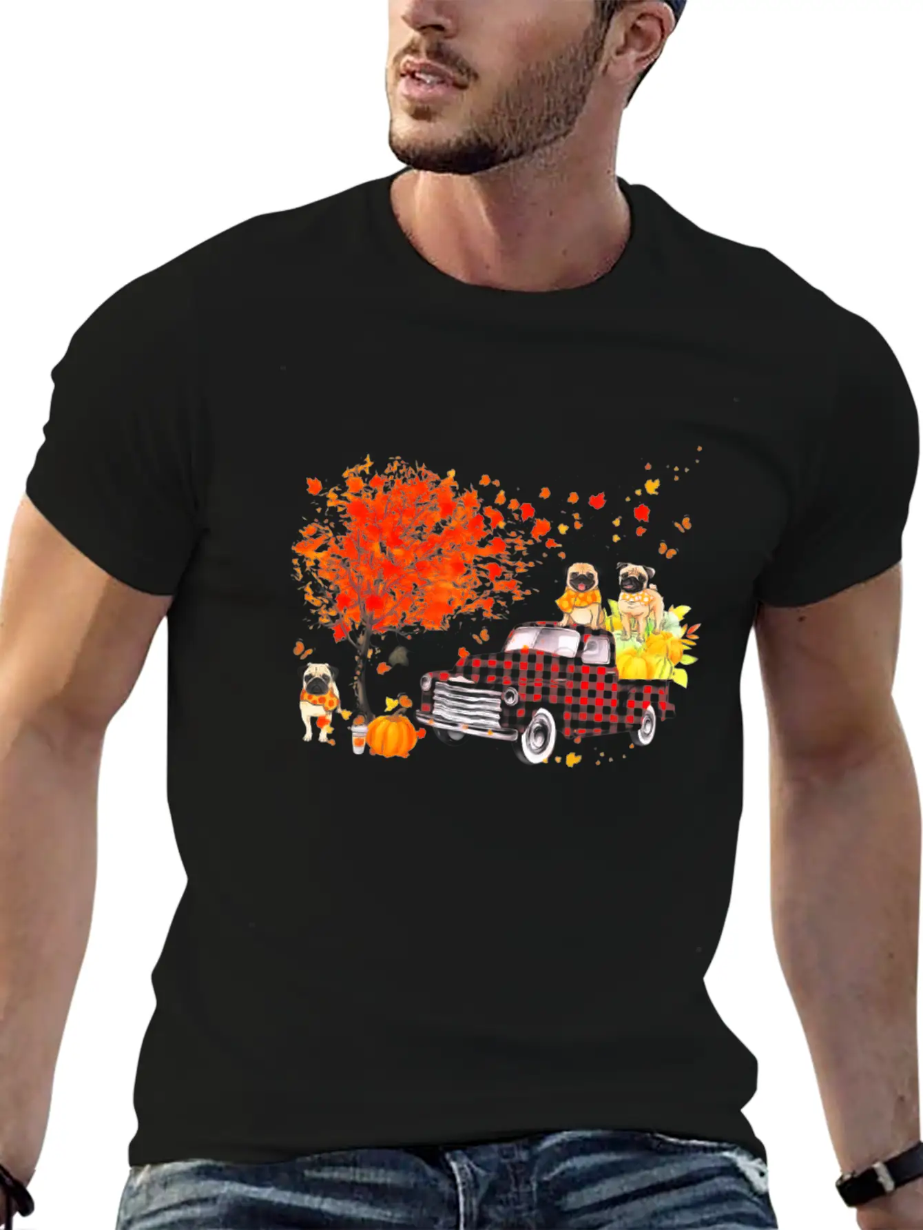Pug Pumpkin Truck Fall Leaf Thanksgiving Halloween Modern Fit Casual T-Shirt – Clean And Versatile Design