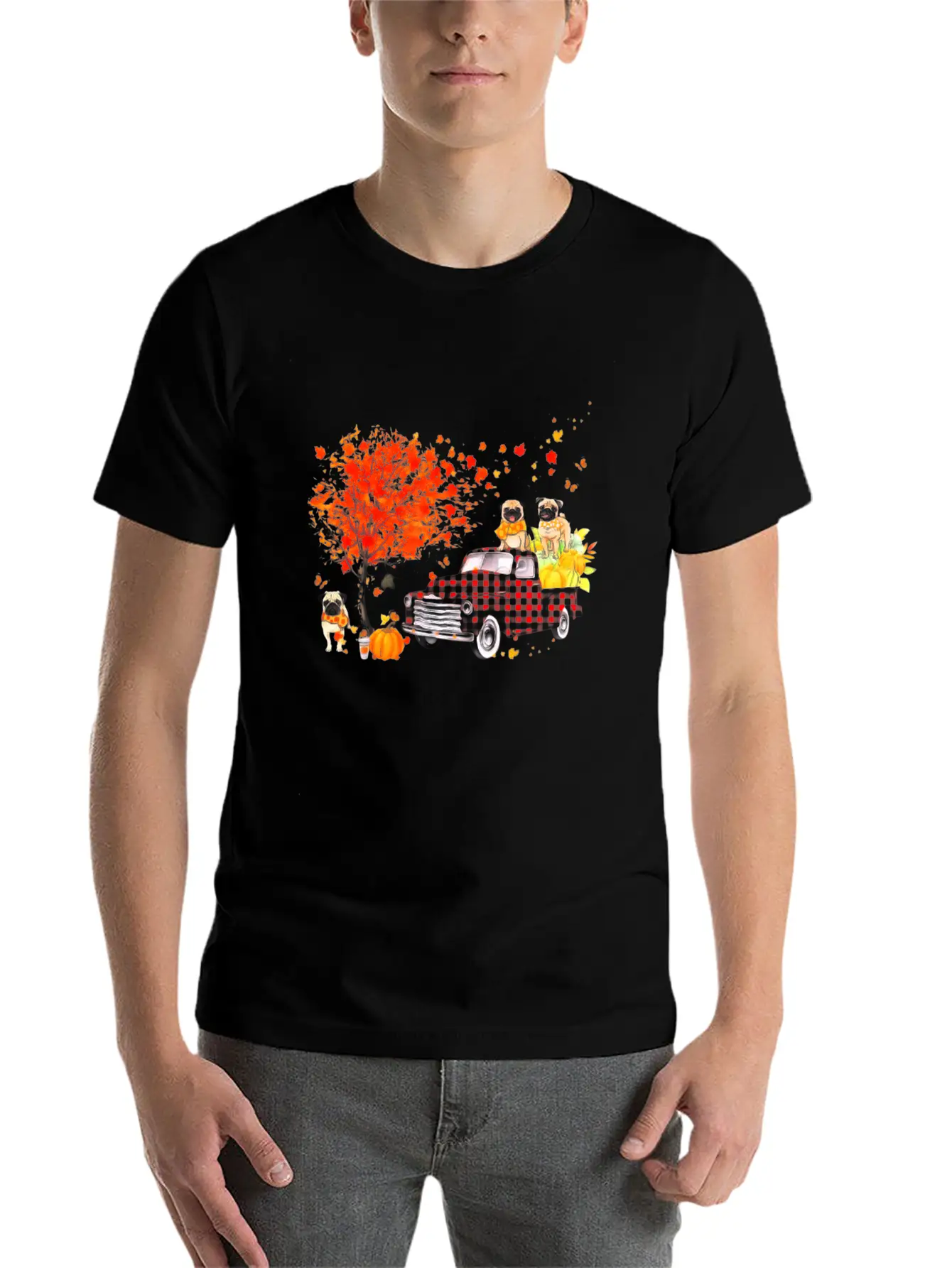 Pug Pumpkin Truck Fall Leaf Thanksgiving Halloween Modern Fit Casual T-Shirt – Clean And Versatile Design