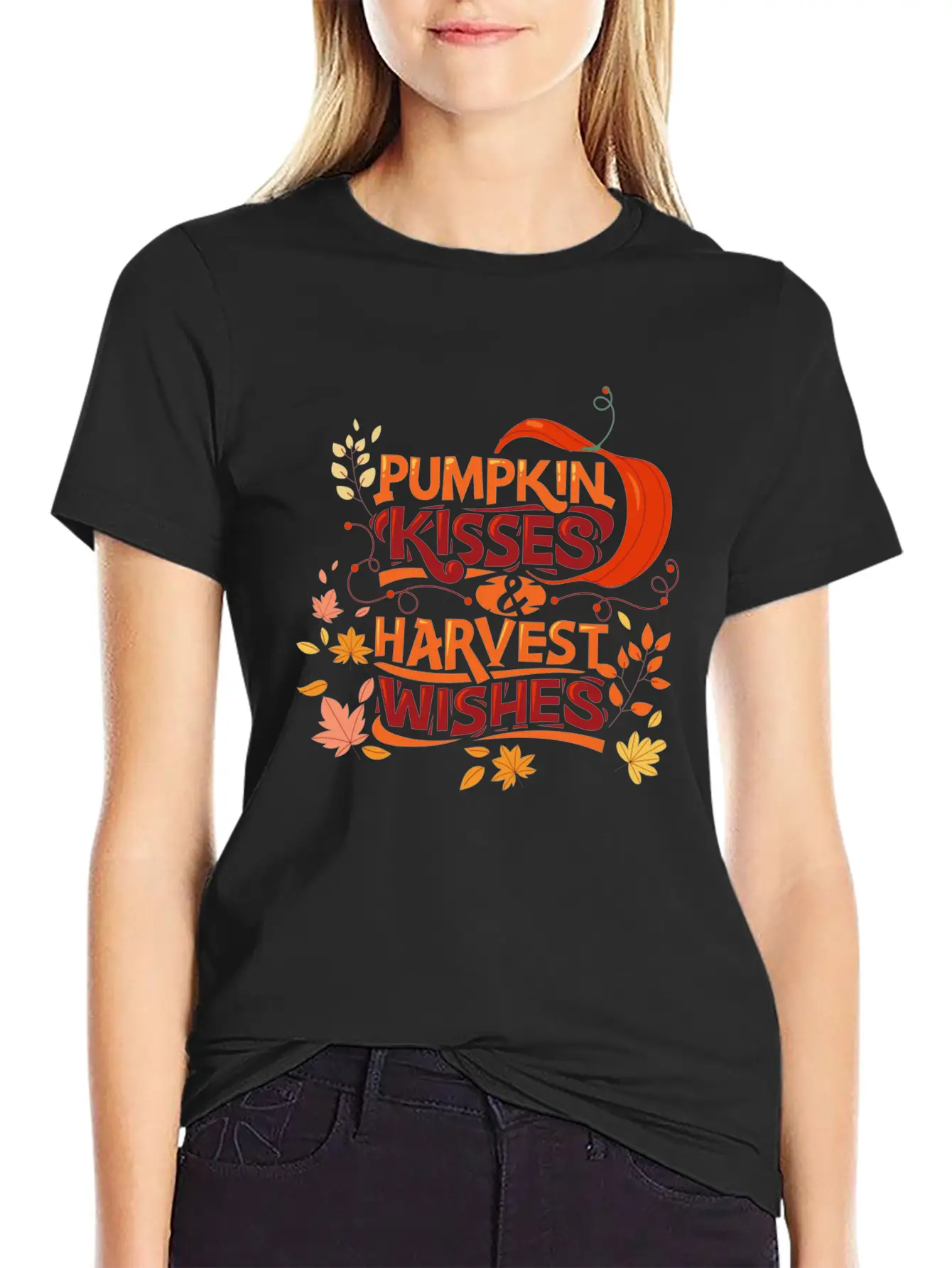 Pumpkin Kisses Harvest Wishes Cute Quote Essential Cotton Tee For Daily Outfits – Unisex Style