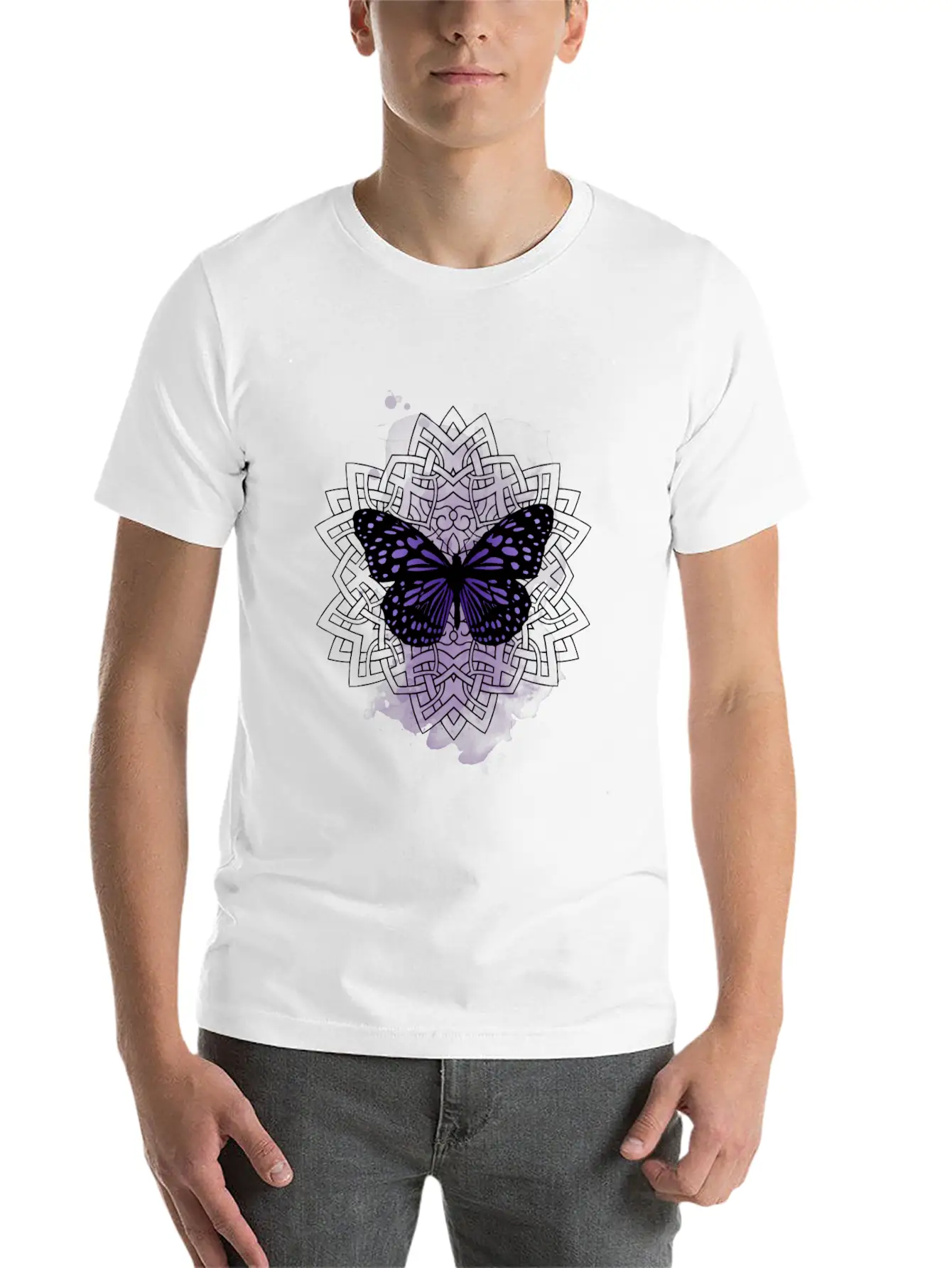 Purple Butterfly With Mandala Soft Cotton Short Sleeve Tee – Unisex Wardrobe Staple