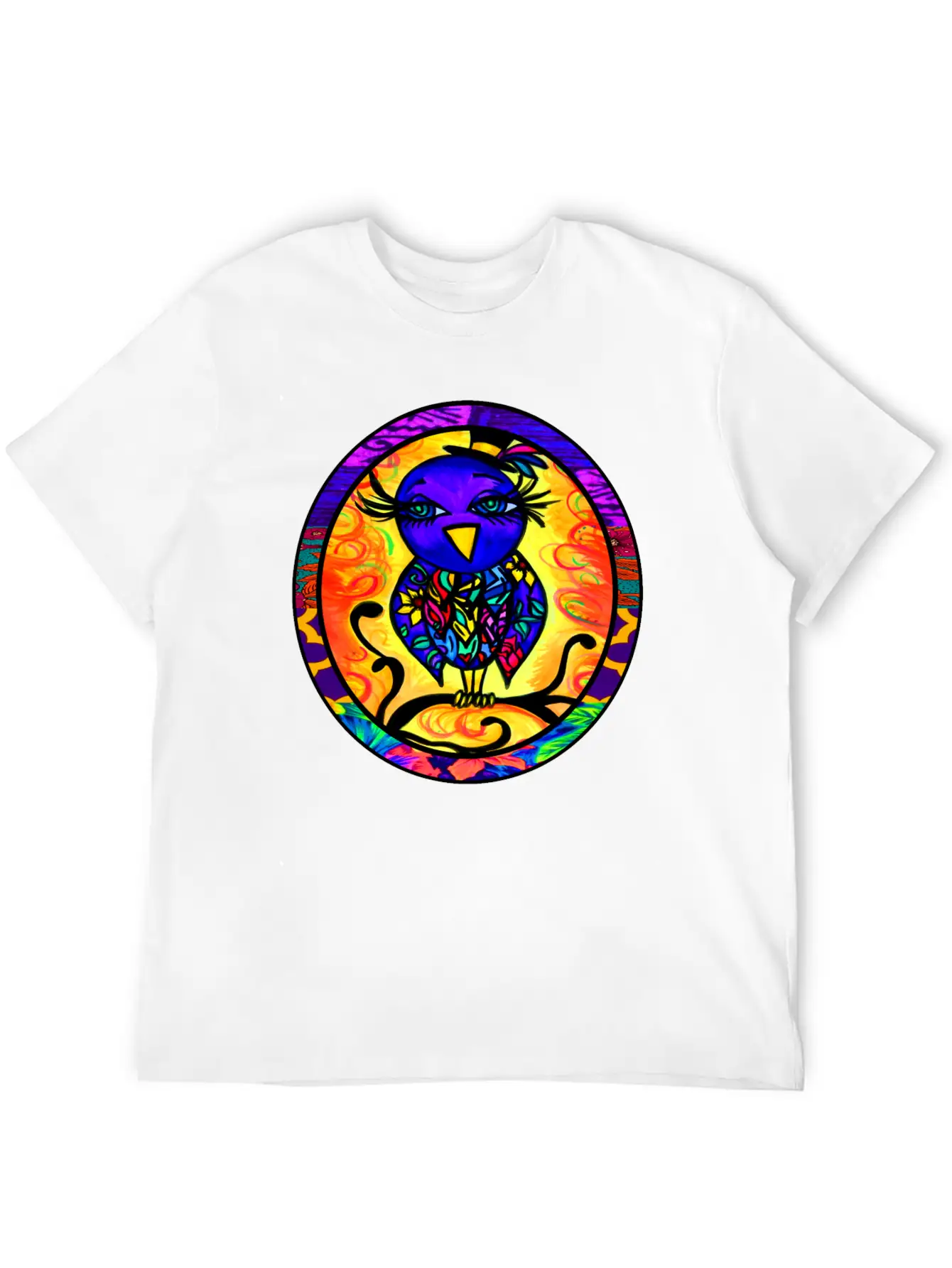 Purple Floral Bird Oval Essential Cotton Tee For Daily Outfits – Unisex Style