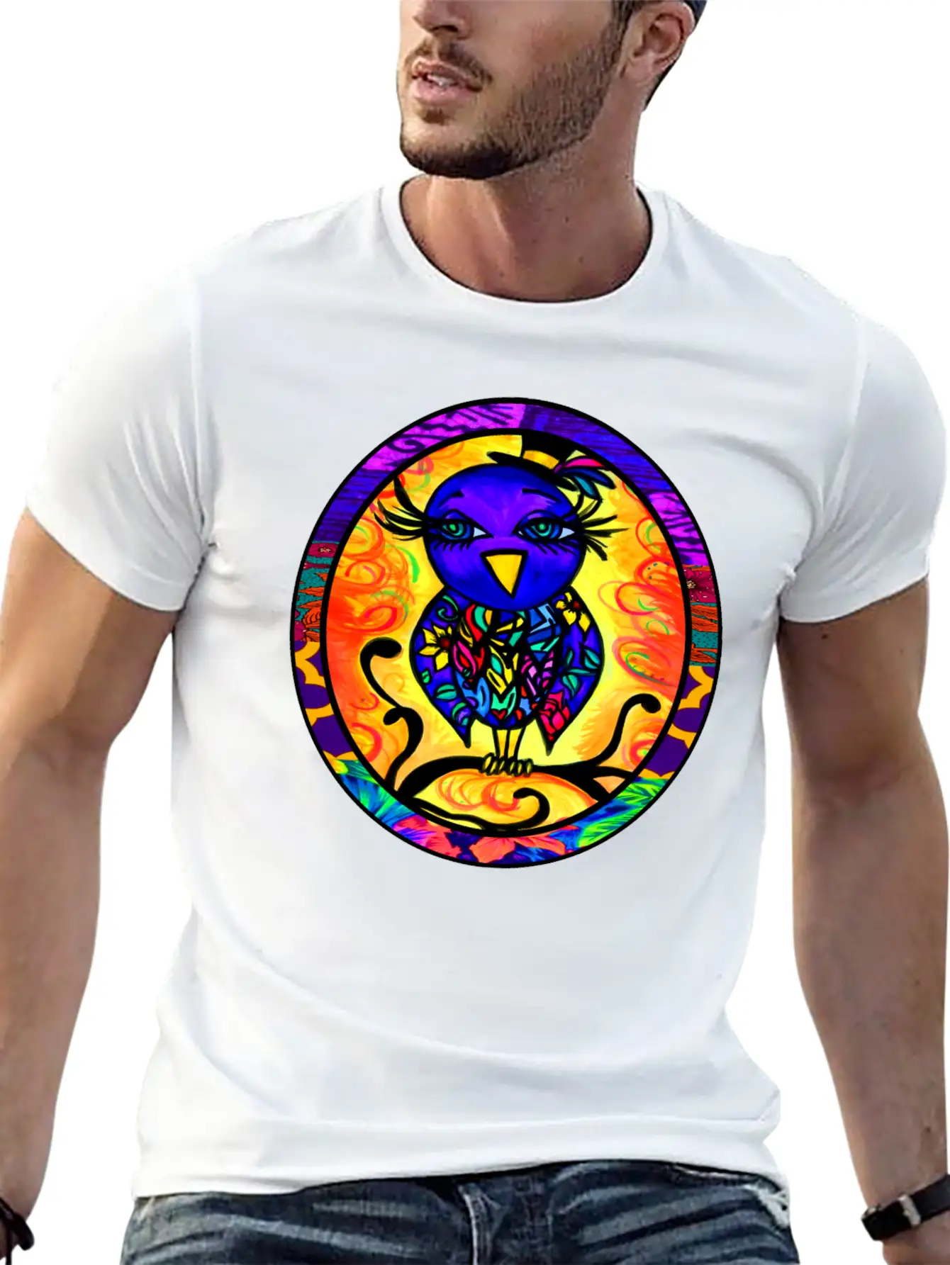 Purple Floral Bird Oval Essential Cotton Tee For Daily Outfits – Unisex Style