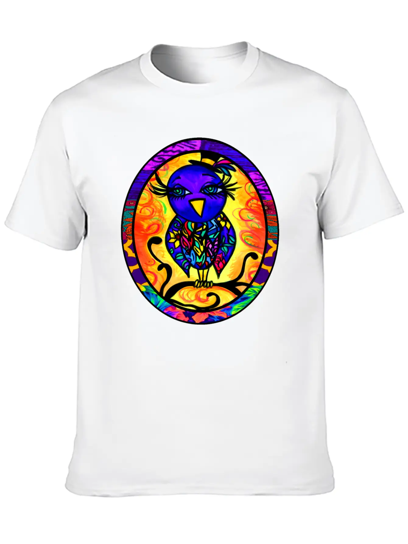 Purple Floral Bird Oval Essential Cotton Tee For Daily Outfits – Unisex Style