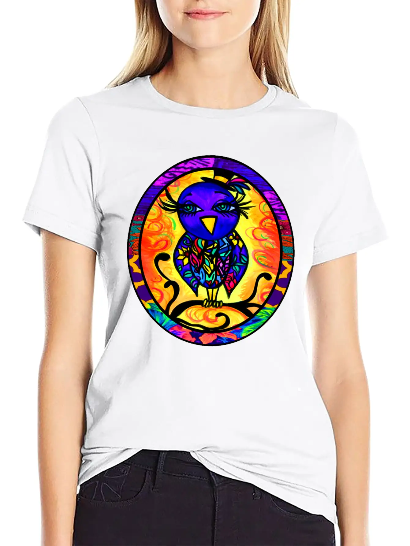 Purple Floral Bird Oval Essential Cotton Tee For Daily Outfits – Unisex Style