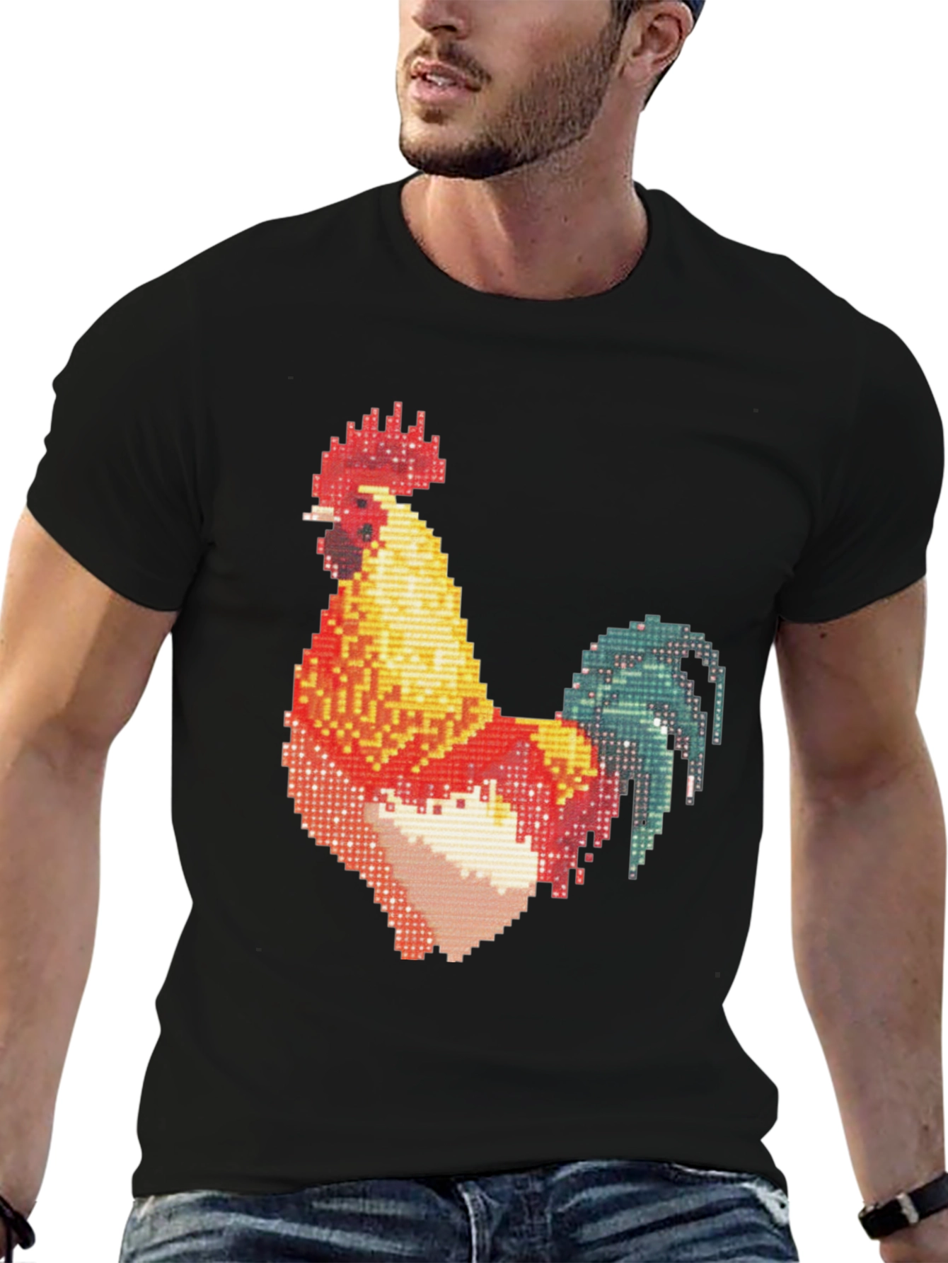 Pixel Rooster Graphic Print Black Tee