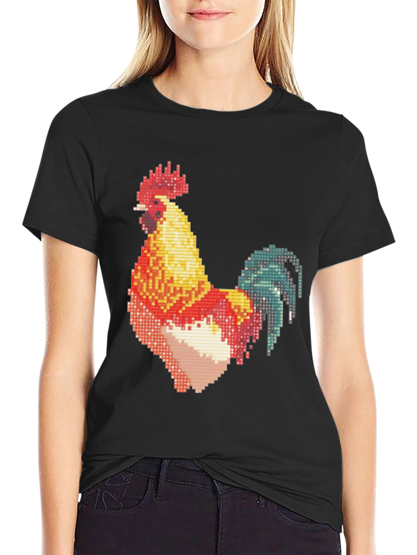 Pixel Rooster Graphic Print Black Tee