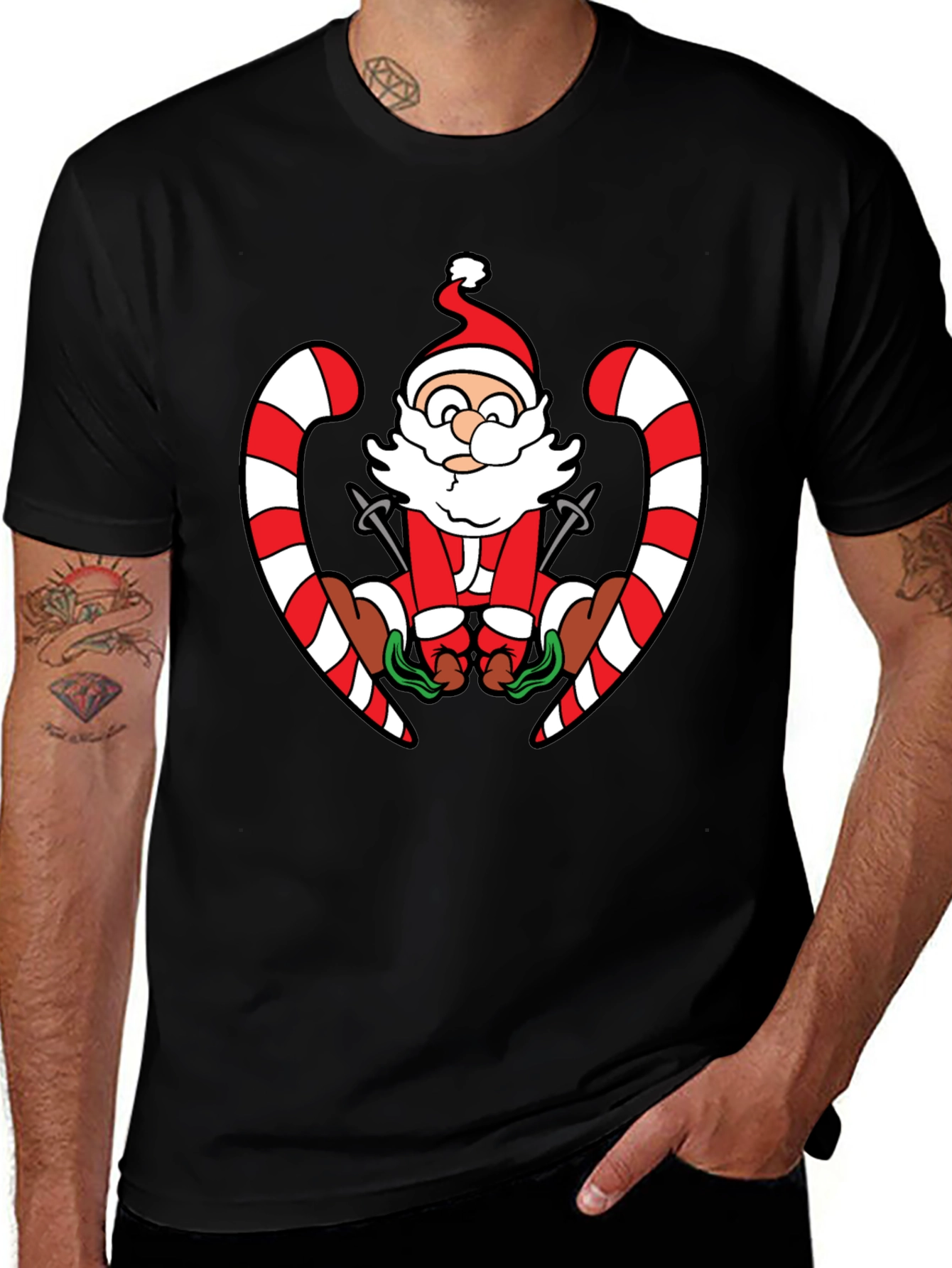 Santa Skiing Candy Cane Black T-Shirt