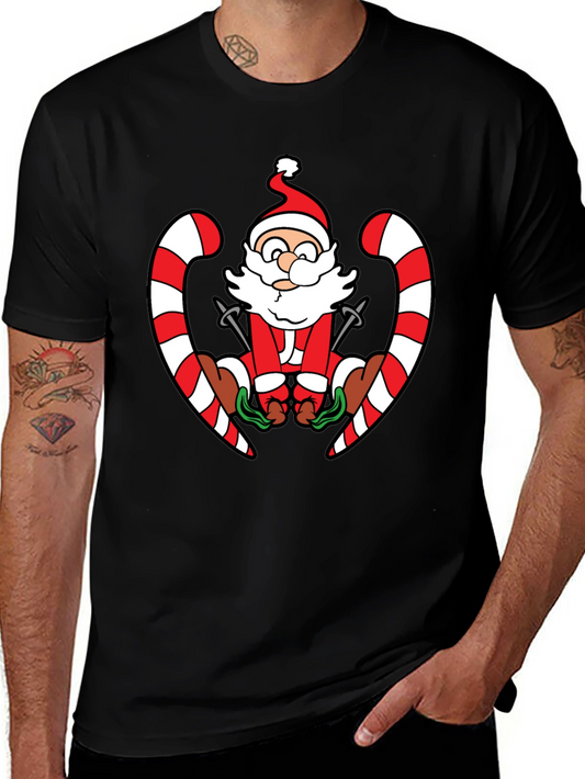 Santa Skiing Candy Cane Black T-Shirt