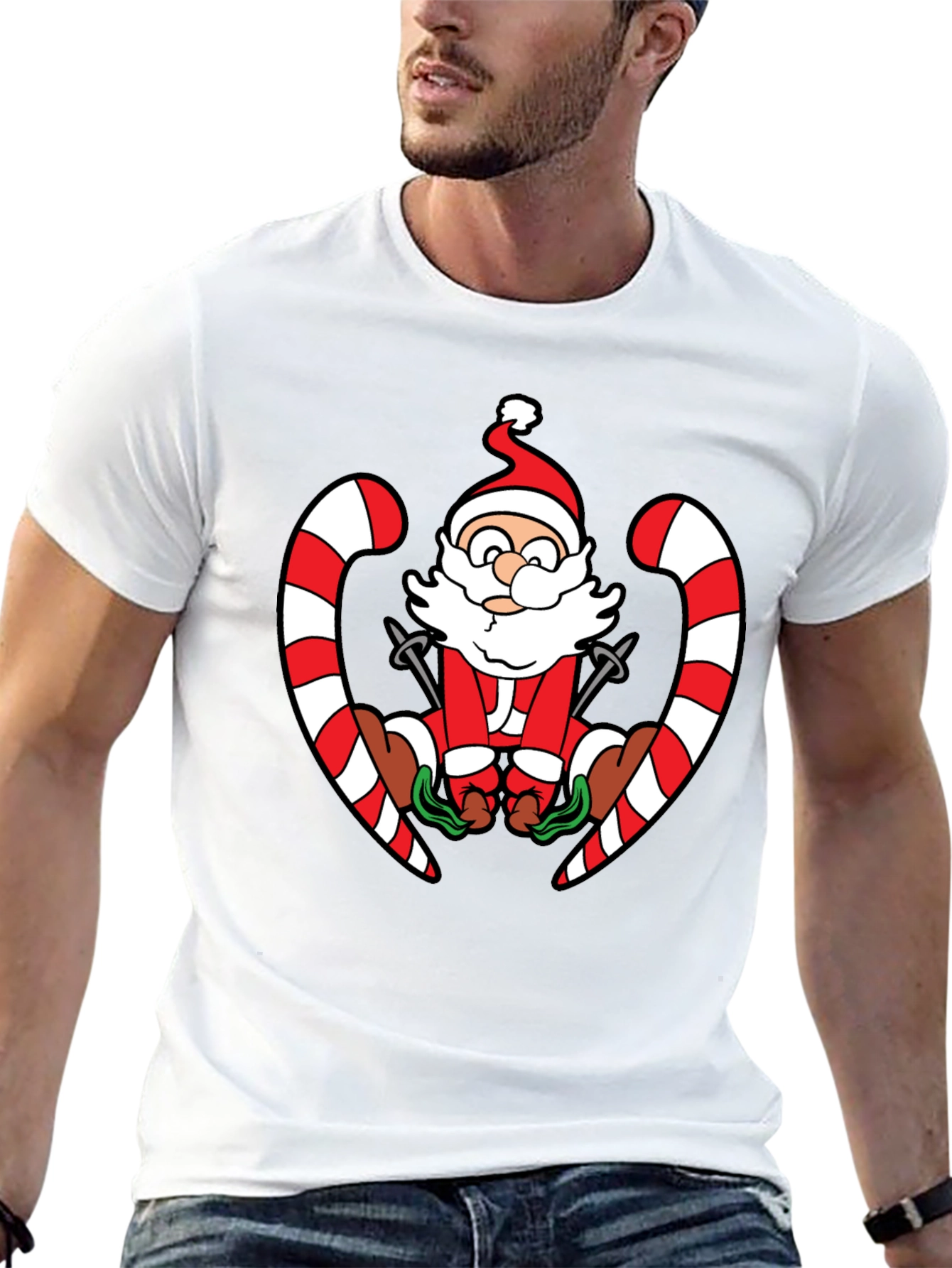 Santa Skiing Candy Cane Black T-Shirt