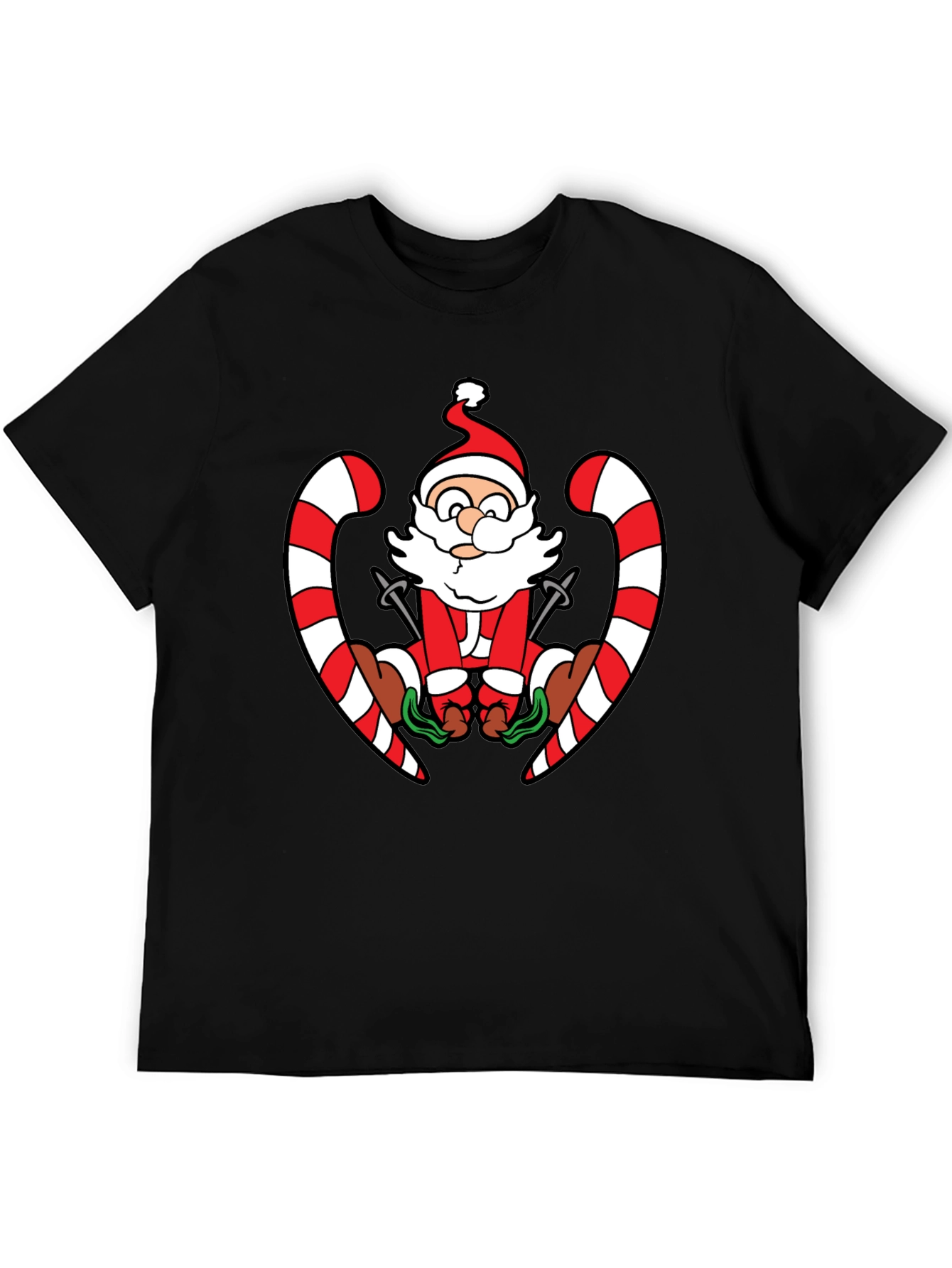 Santa Skiing Candy Cane Black T-Shirt