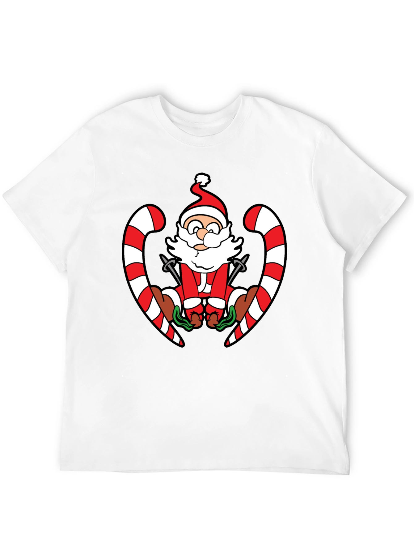 Santa Skiing Candy Cane Black T-Shirt