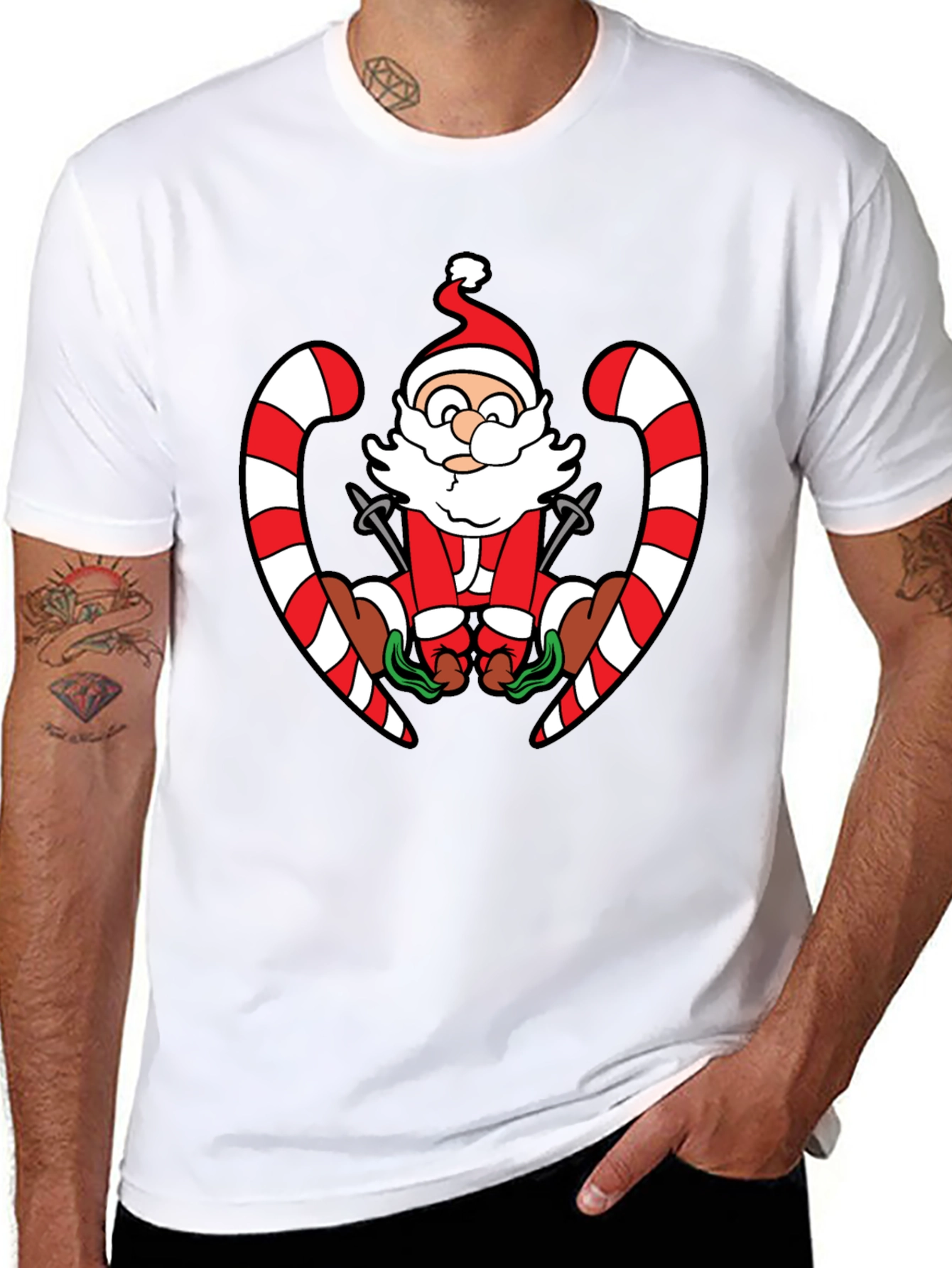 Santa Skiing Candy Cane Black T-Shirt