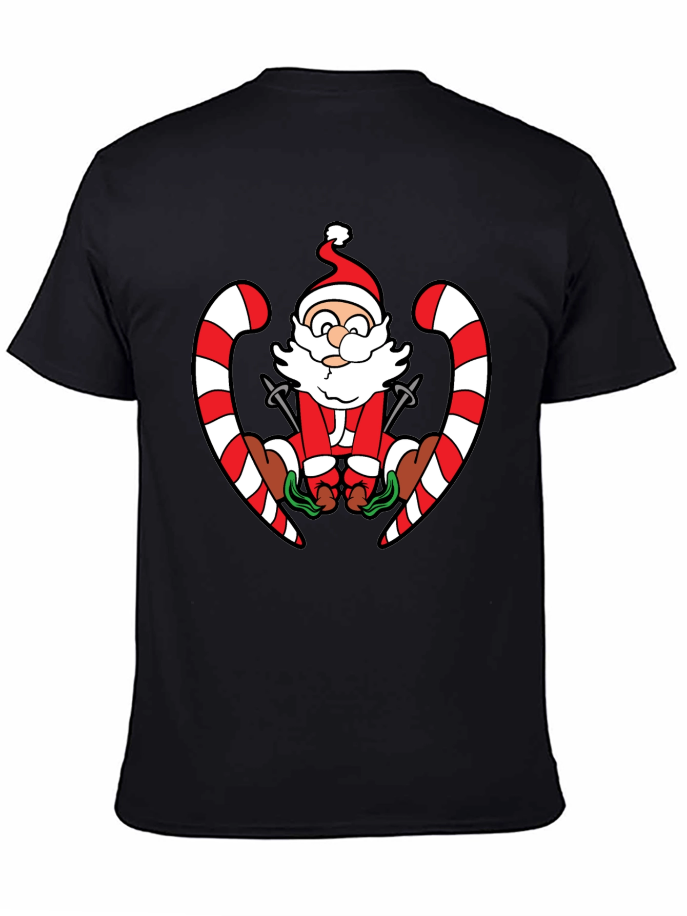 Santa Skiing Candy Cane Black T-Shirt