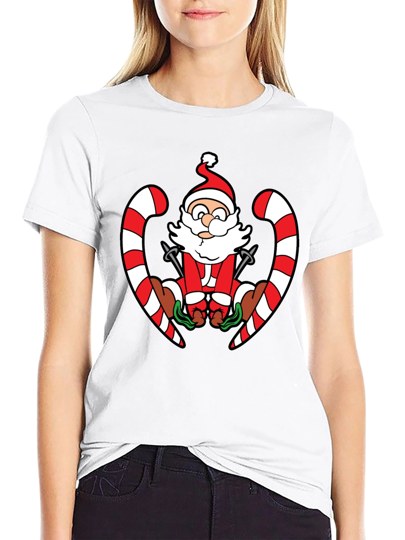 Santa Skiing Candy Cane Black T-Shirt