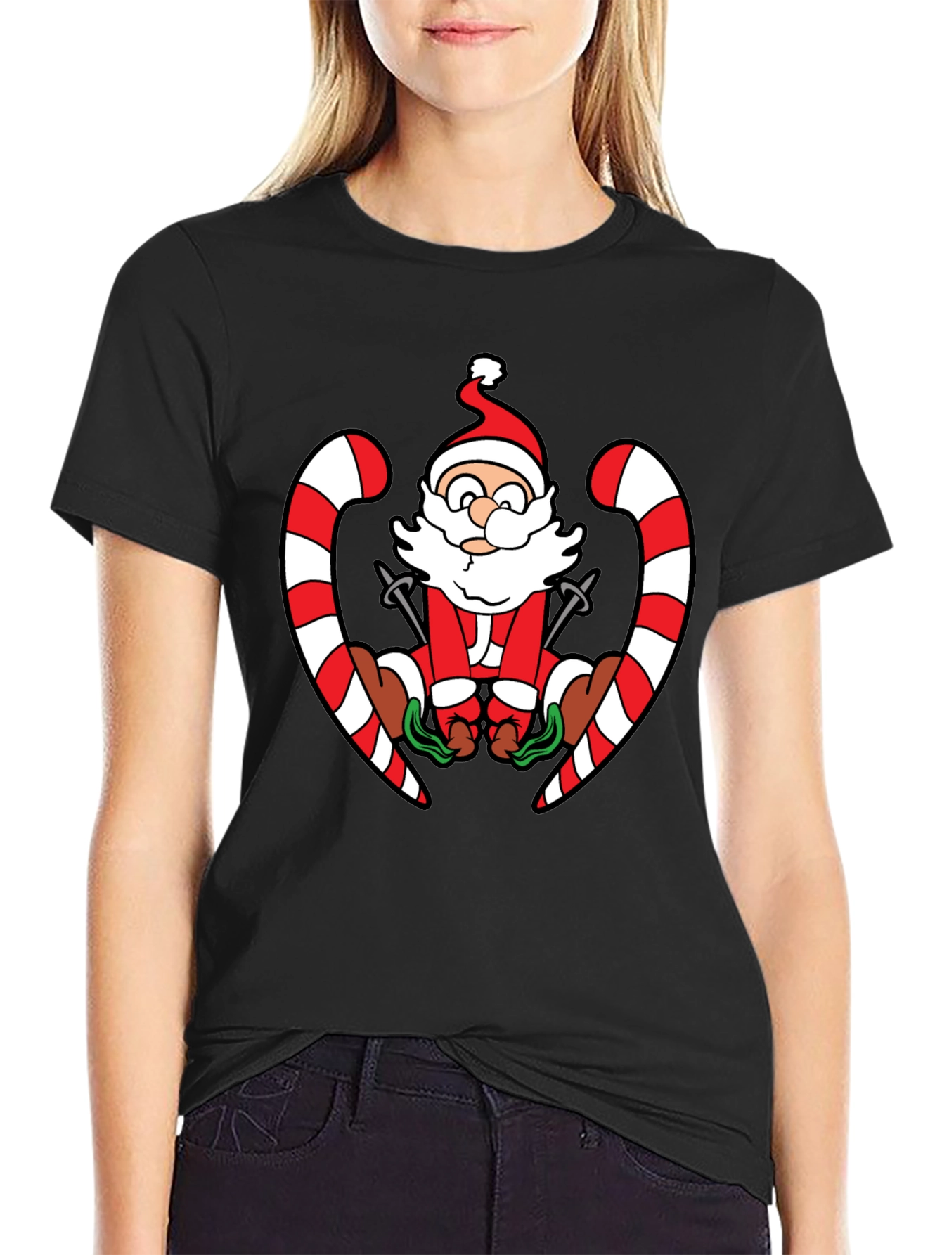 Santa Skiing Candy Cane Black T-Shirt