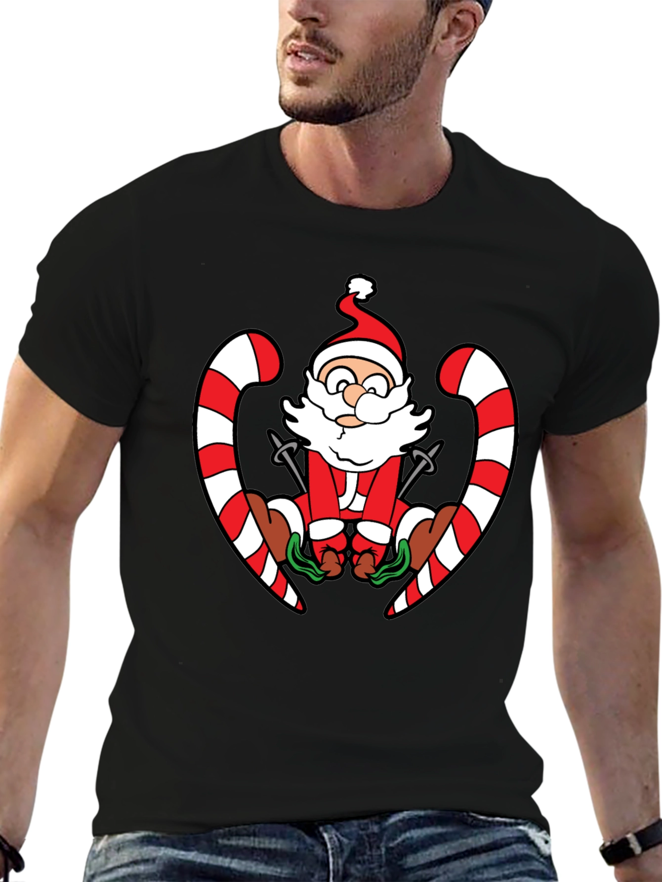 Santa Skiing Candy Cane Black T-Shirt