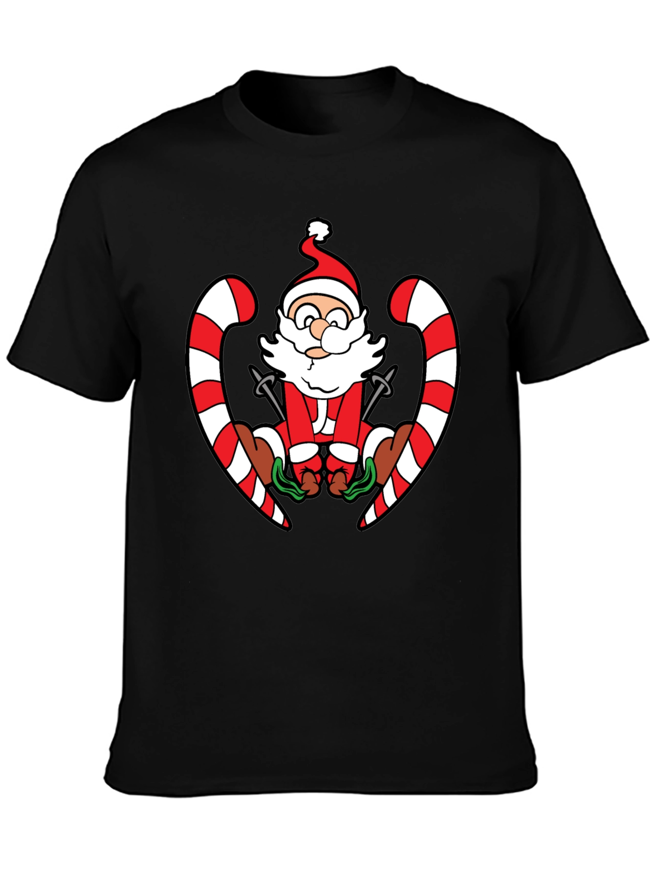Santa Skiing Candy Cane Black T-Shirt