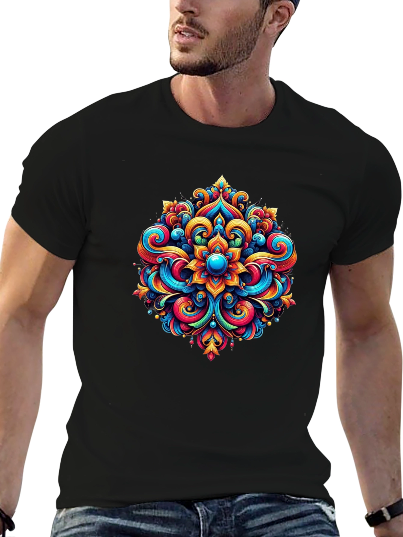 Vibrant Mandala Graphic Tee - Stylish Black T-Shirt
