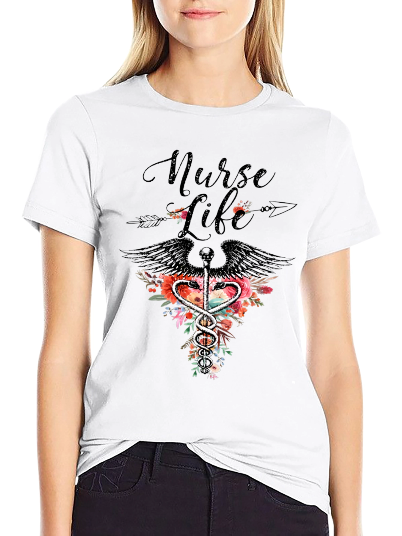 Nurse Life Floral Caduceus Graphic Tee