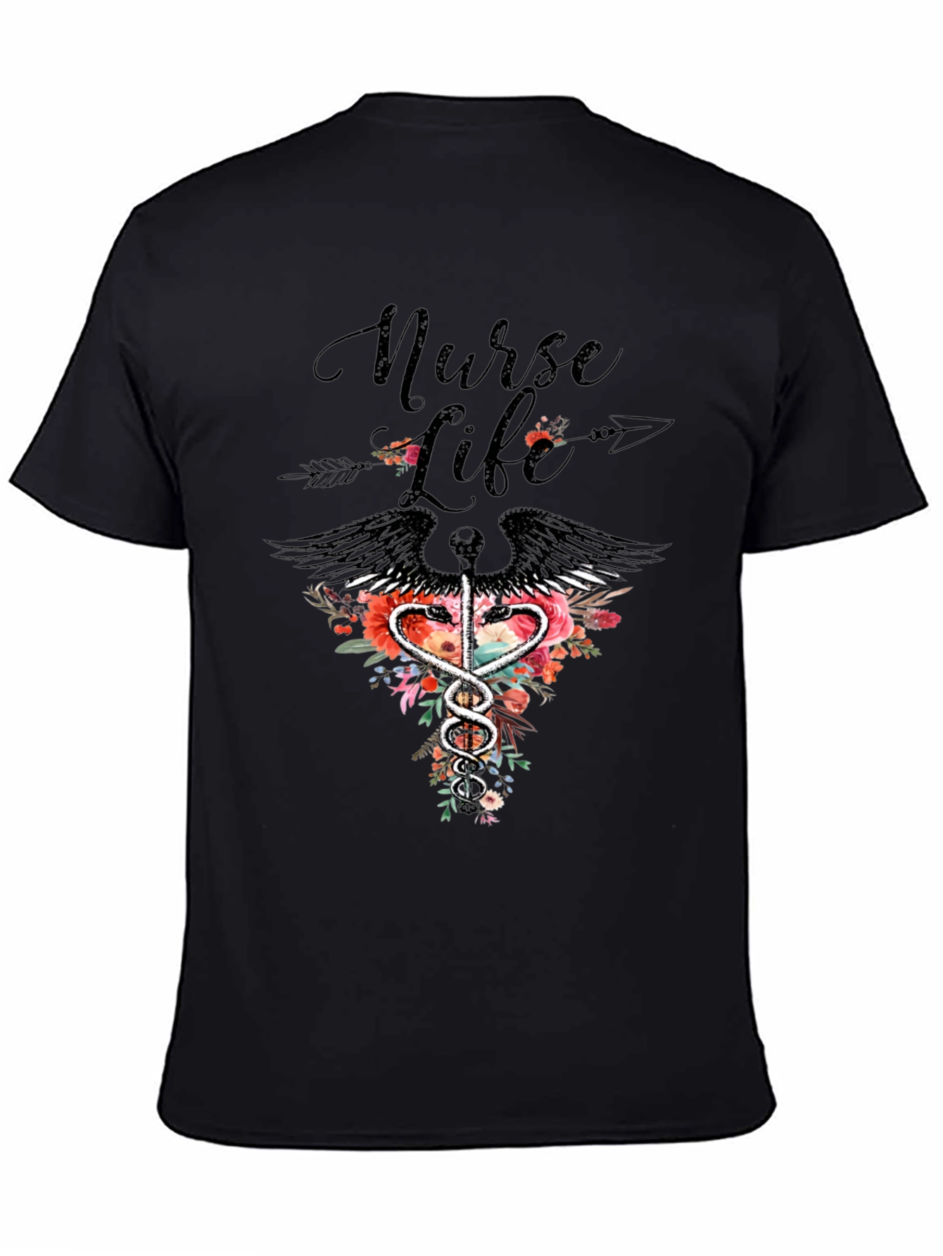 Nurse Life Floral Caduceus Graphic Tee