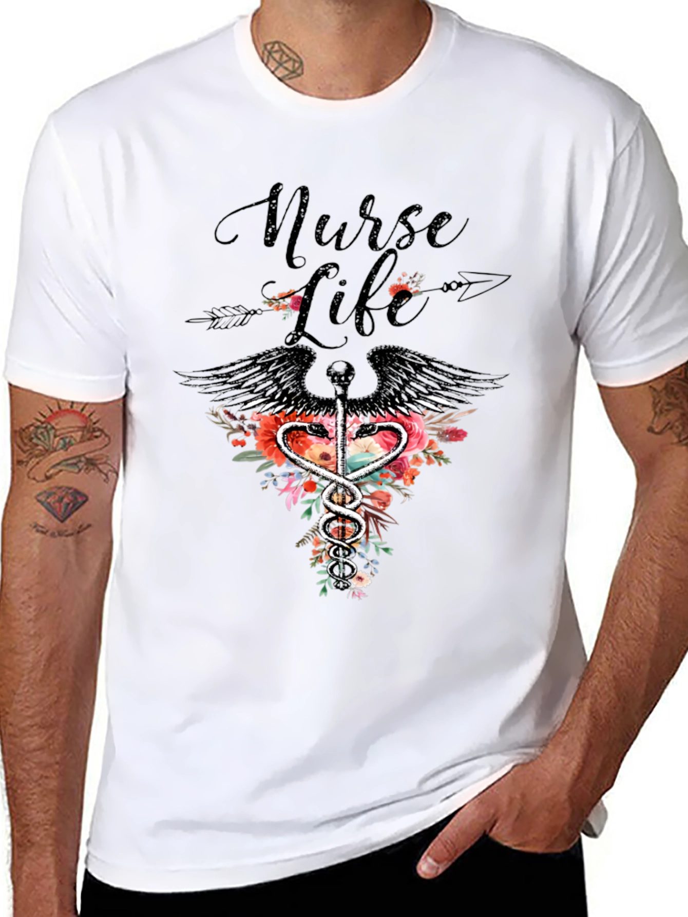 Nurse Life Floral Caduceus Graphic Tee