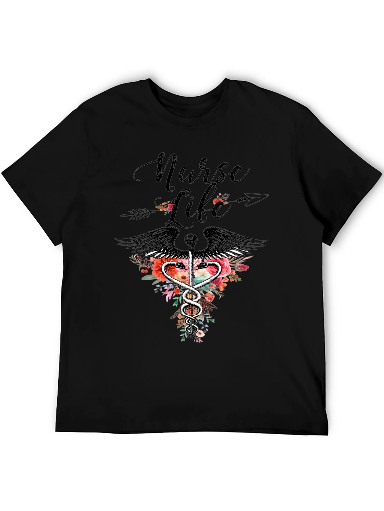 Nurse Life Floral Caduceus Graphic Tee