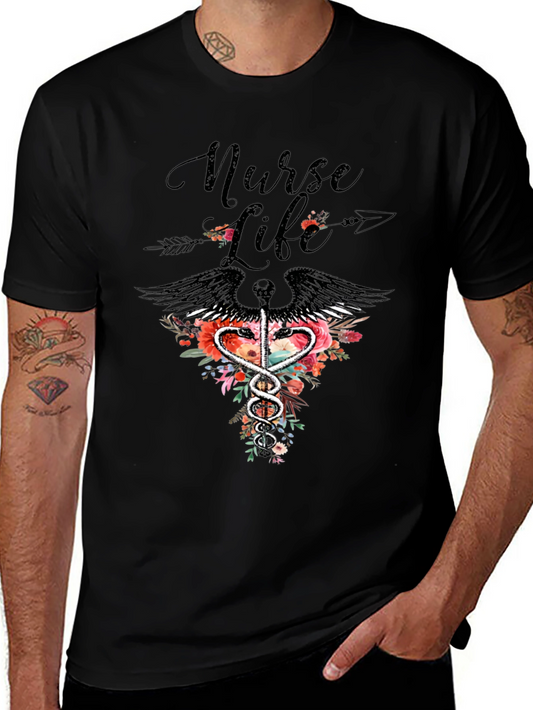 Nurse Life Floral Caduceus Graphic Tee