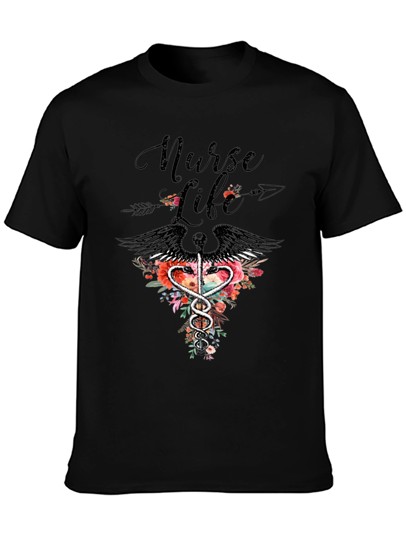 Nurse Life Floral Caduceus Graphic Tee