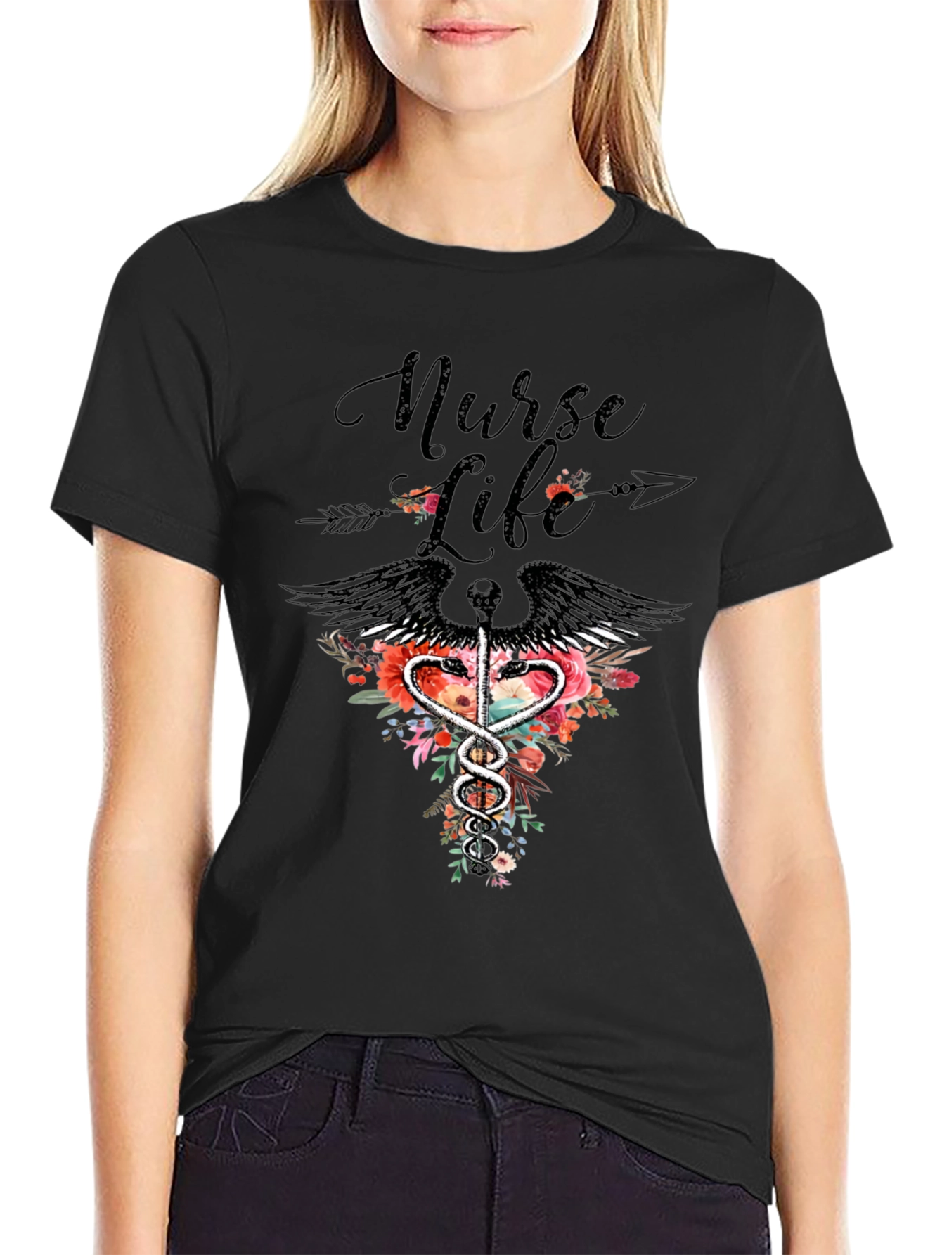 Nurse Life Floral Caduceus Graphic Tee