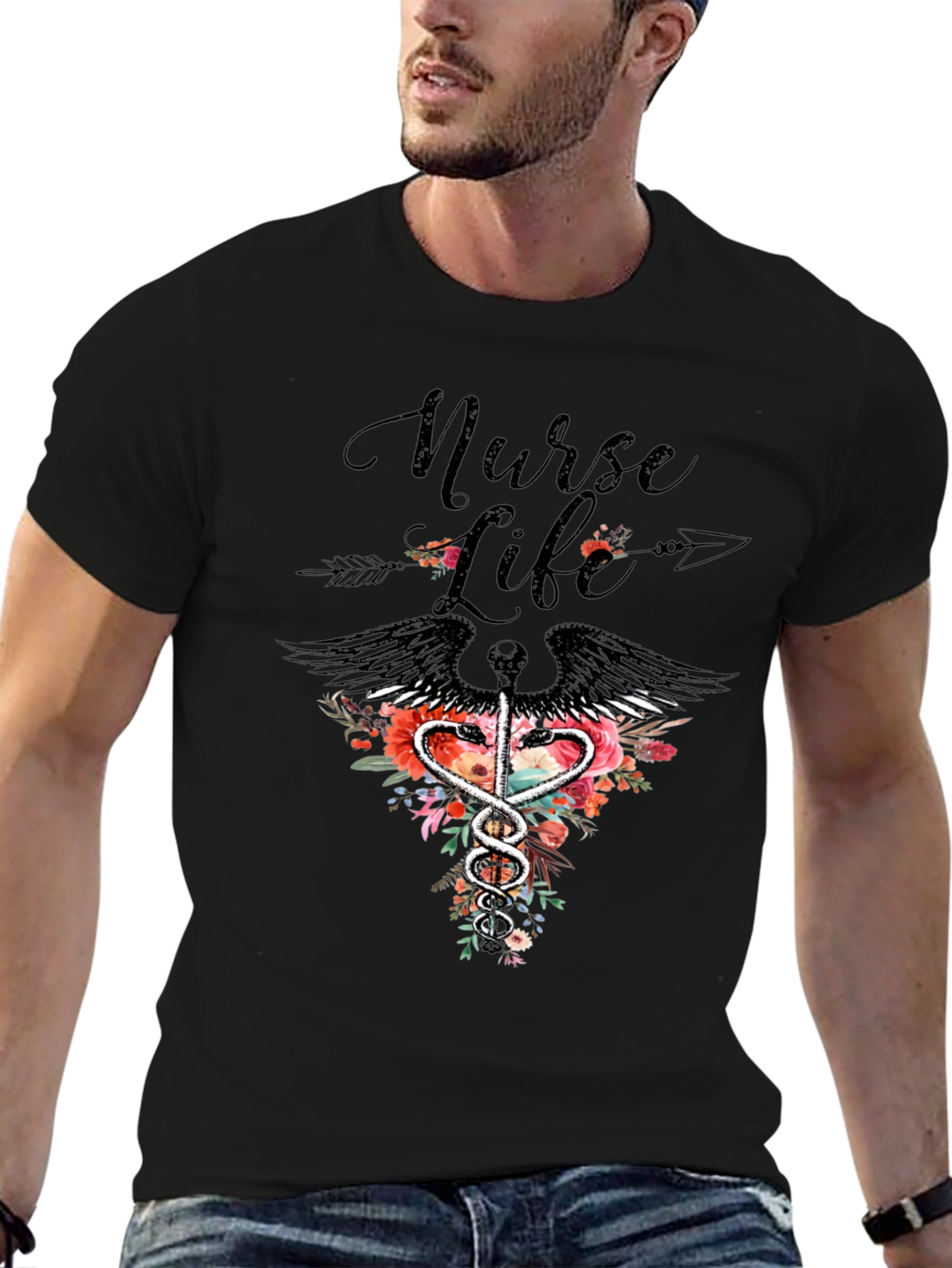 Nurse Life Floral Caduceus Graphic Tee