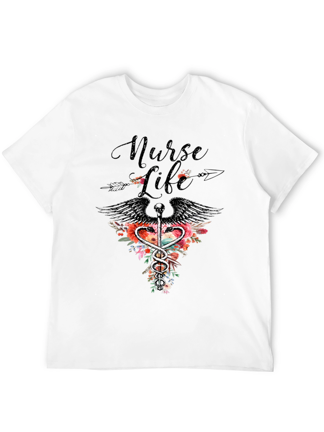 Nurse Life Floral Caduceus Graphic Tee