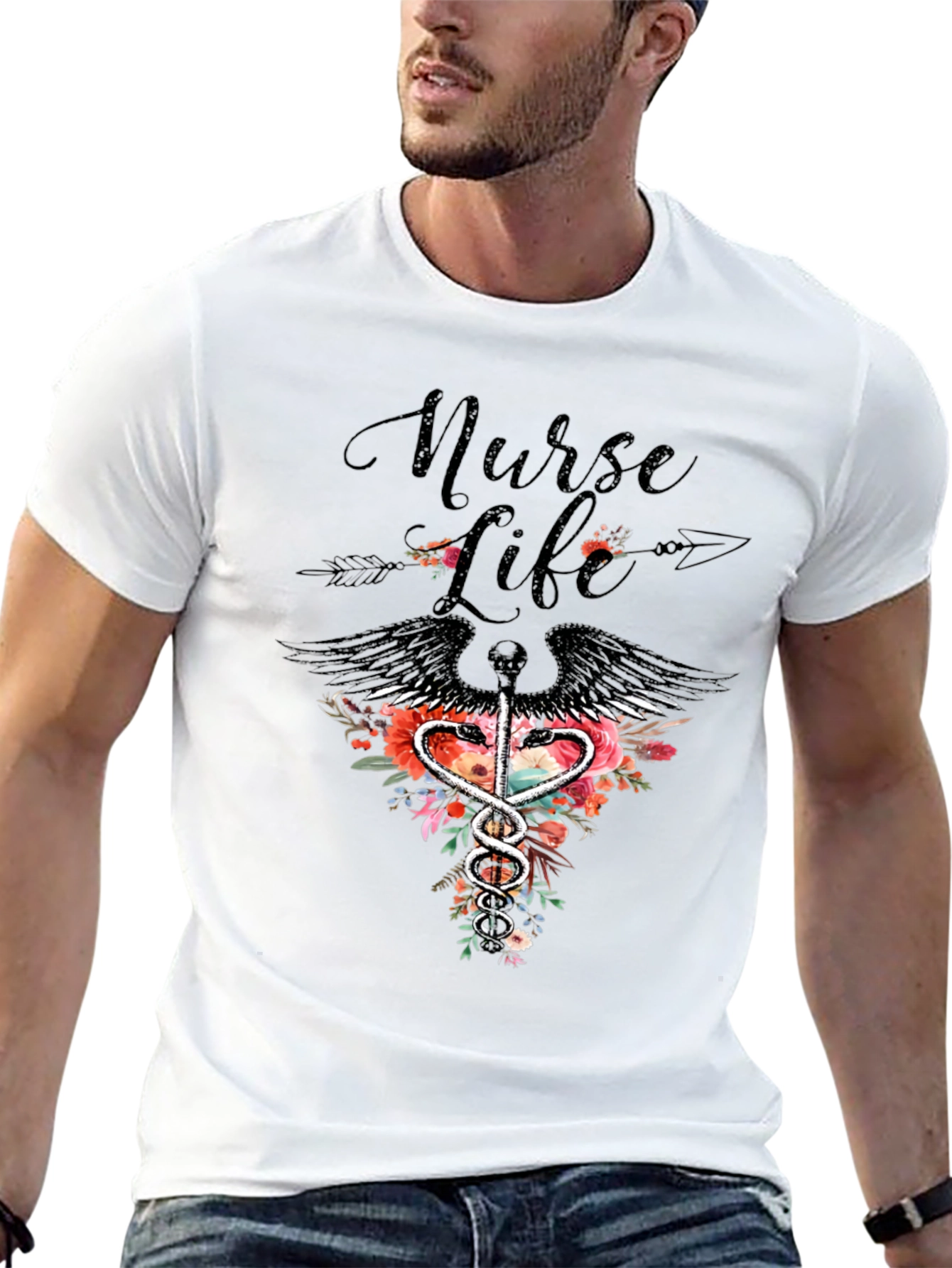 Nurse Life Floral Caduceus Graphic Tee
