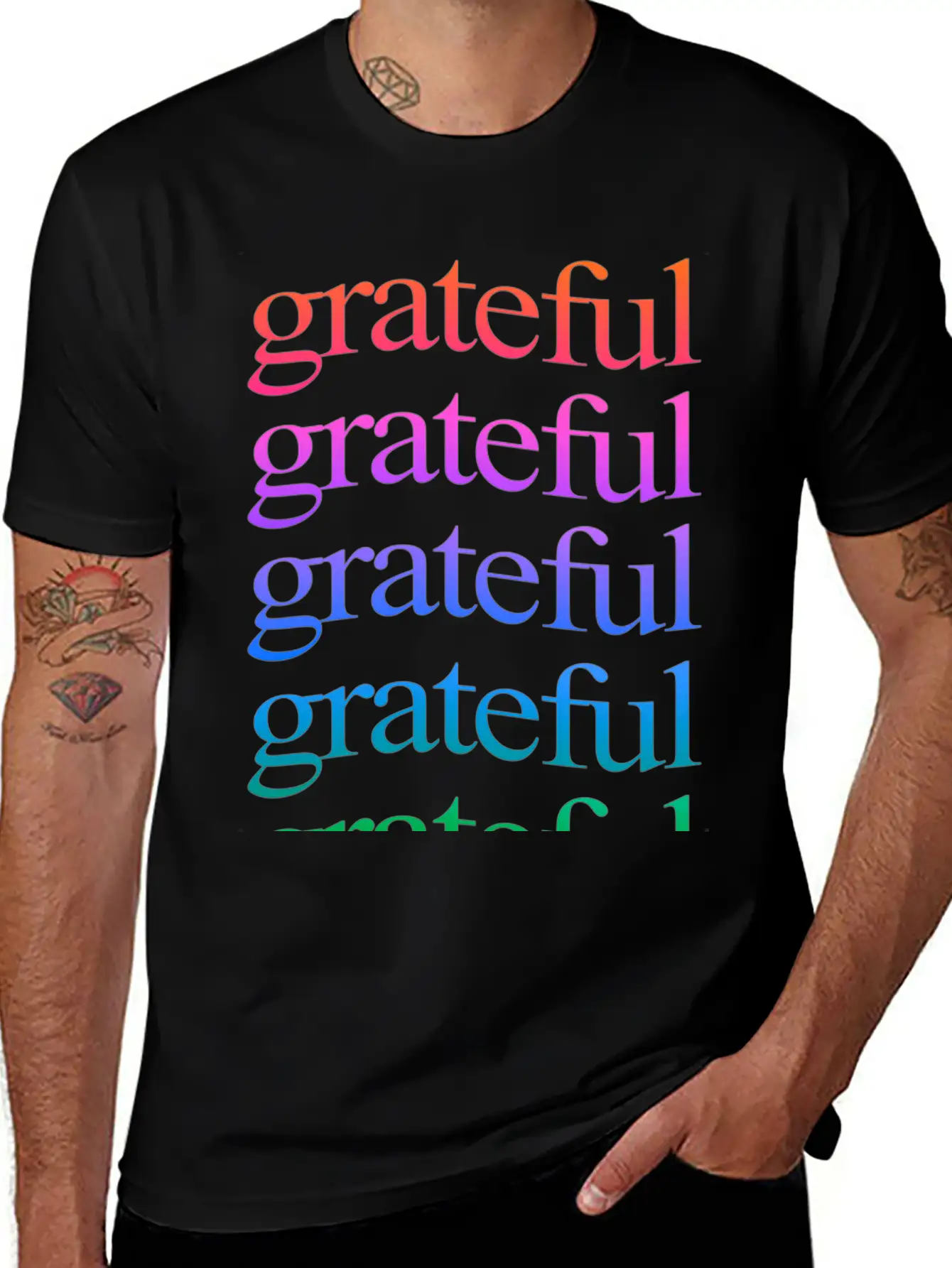 Rainbow "Grateful" WordArt Typography Art & Design Classic Fit Graphic Tee For Daily Comfort – Unisex Cotton Shirt
