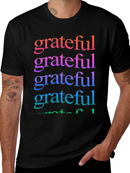 Rainbow "Grateful" WordArt Typography Art & Design Classic Fit Graphic Tee For Daily Comfort – Unisex Cotton Shirt