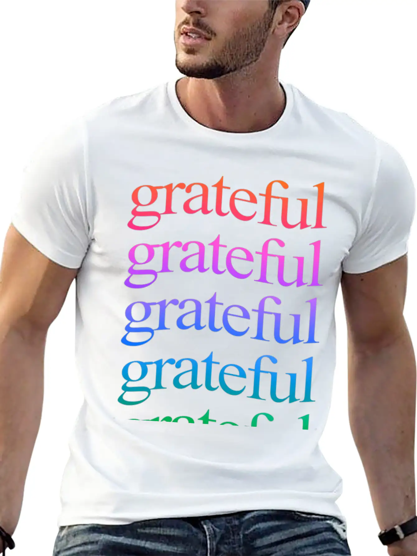 Rainbow "Grateful" WordArt Typography Art & Design Classic Fit Graphic Tee For Daily Comfort – Unisex Cotton Shirt