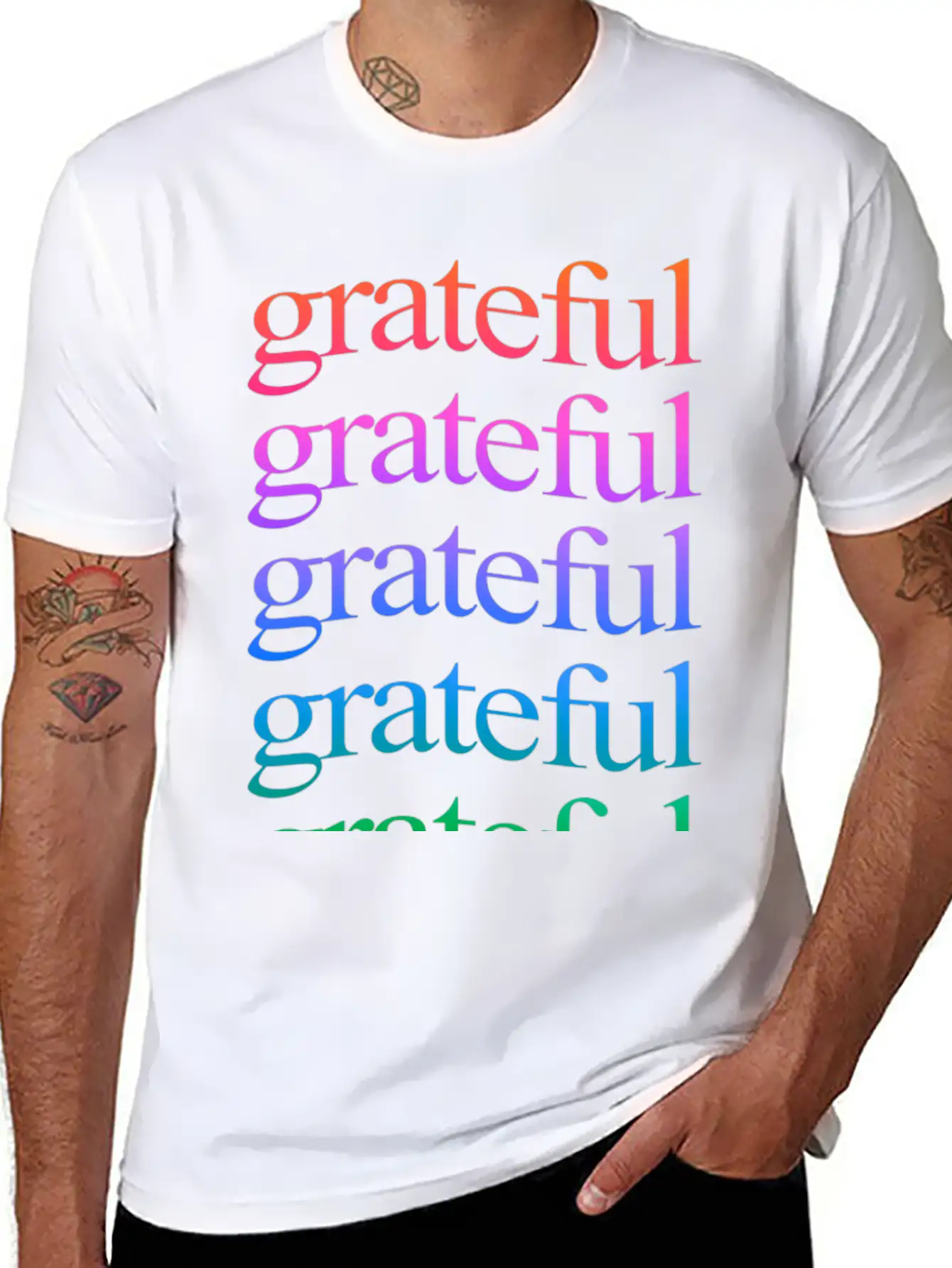 Rainbow "Grateful" WordArt Typography Art & Design Classic Fit Graphic Tee For Daily Comfort – Unisex Cotton Shirt
