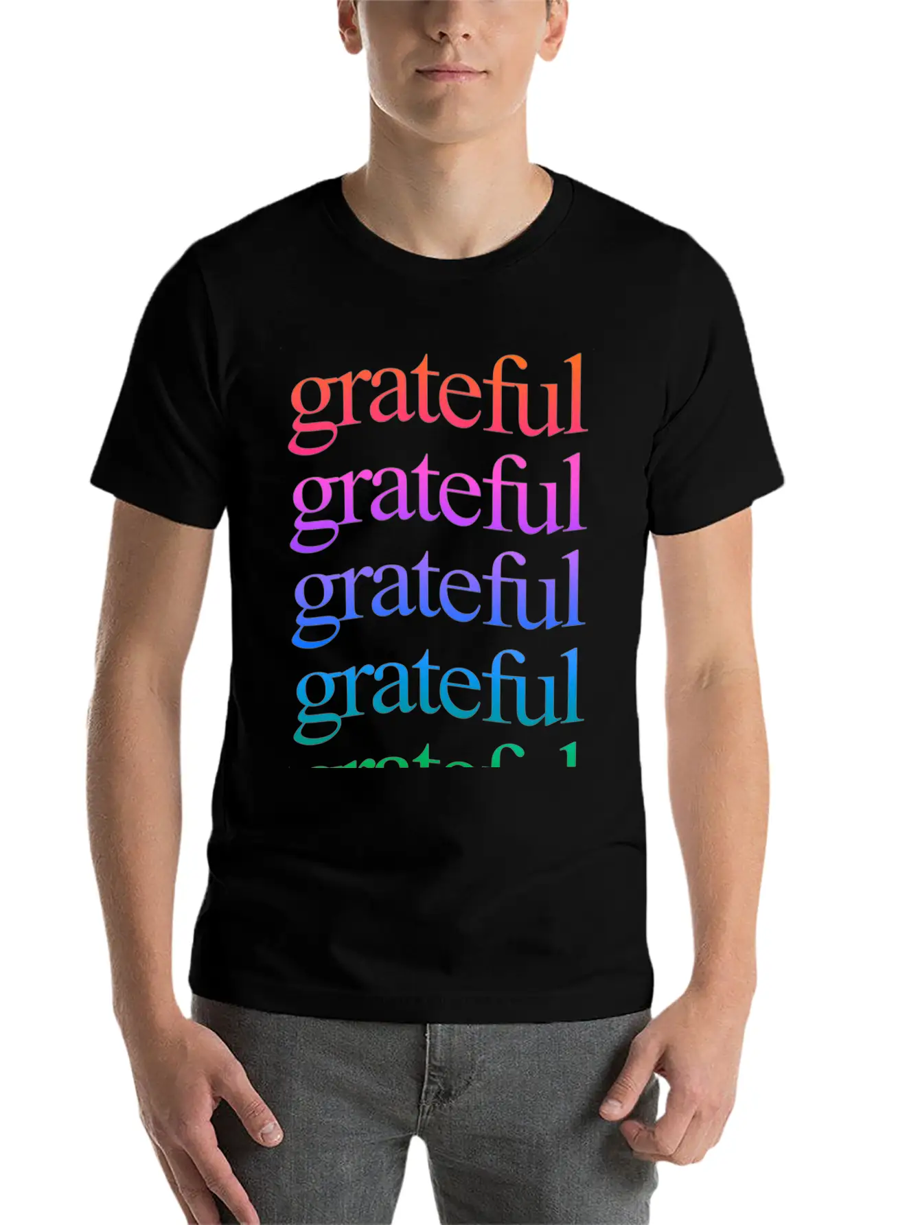 Rainbow "Grateful" WordArt Typography Art & Design Classic Fit Graphic Tee For Daily Comfort – Unisex Cotton Shirt