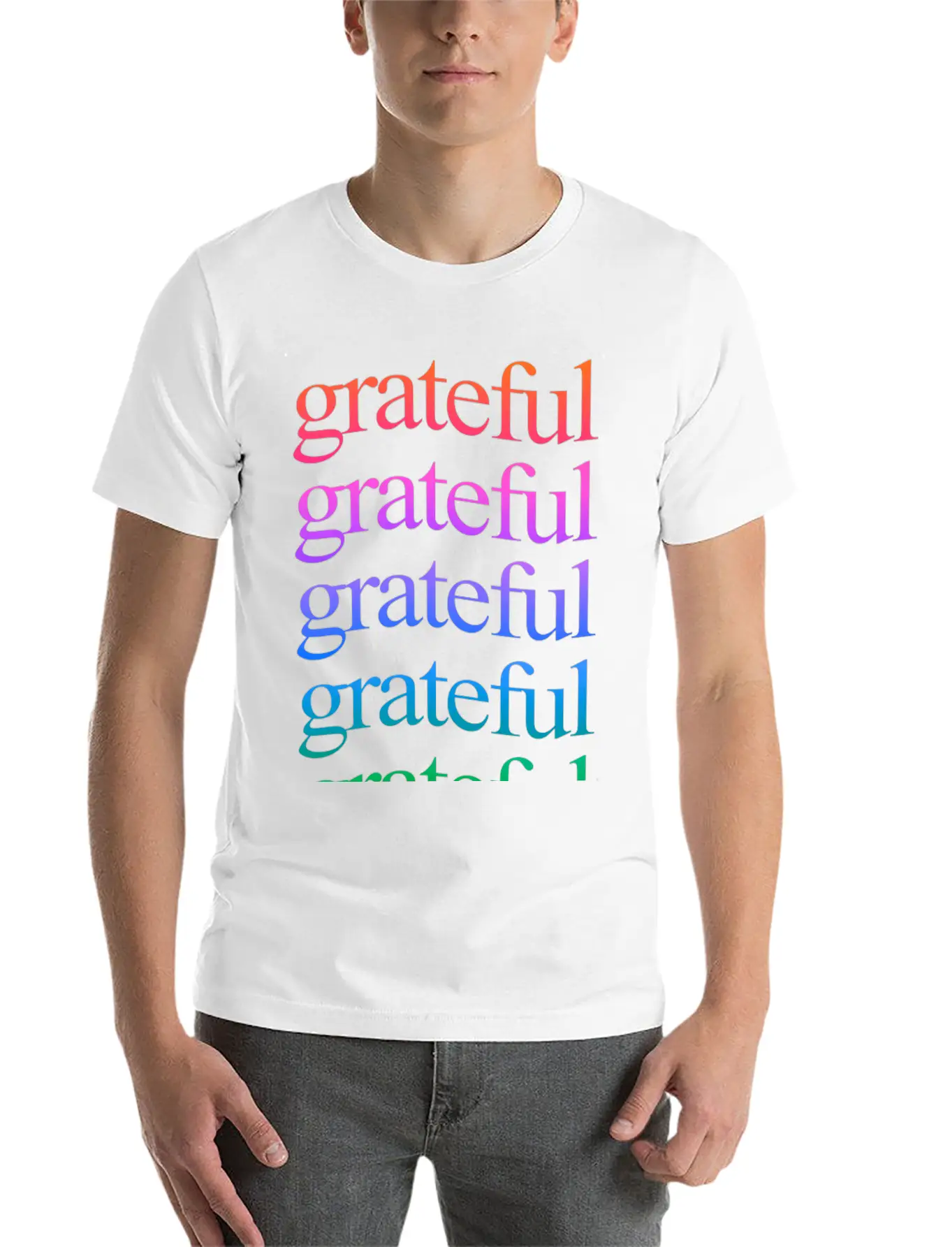 Rainbow "Grateful" WordArt Typography Art & Design Classic Fit Graphic Tee For Daily Comfort – Unisex Cotton Shirt