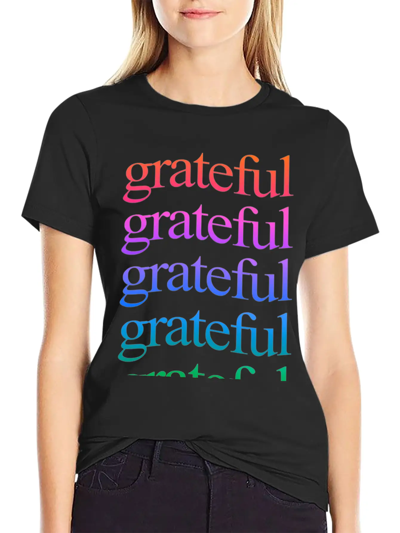 Rainbow "Grateful" WordArt Typography Art & Design Classic Fit Graphic Tee For Daily Comfort – Unisex Cotton Shirt