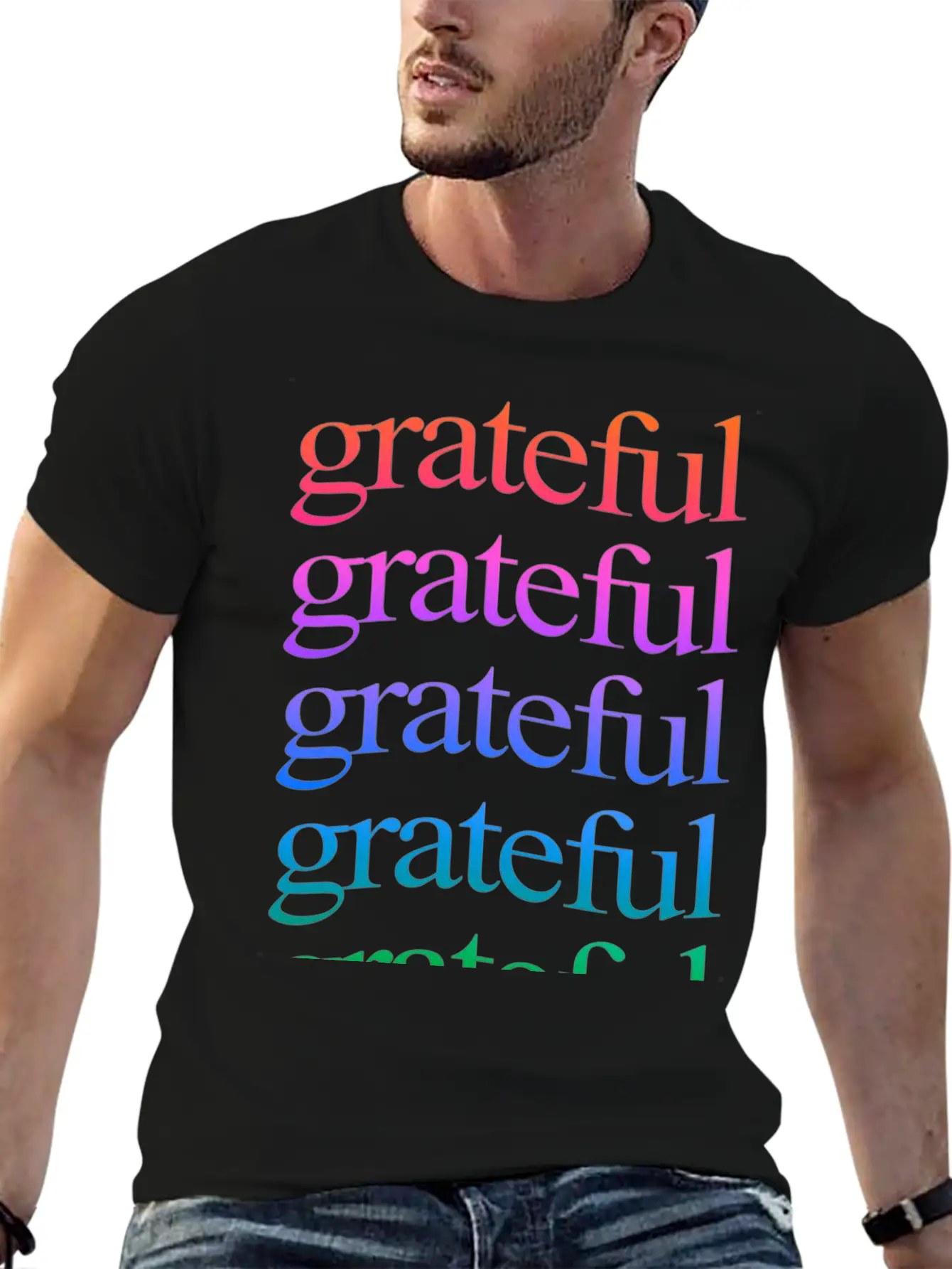 Rainbow "Grateful" WordArt Typography Art & Design Classic Fit Graphic Tee For Daily Comfort – Unisex Cotton Shirt