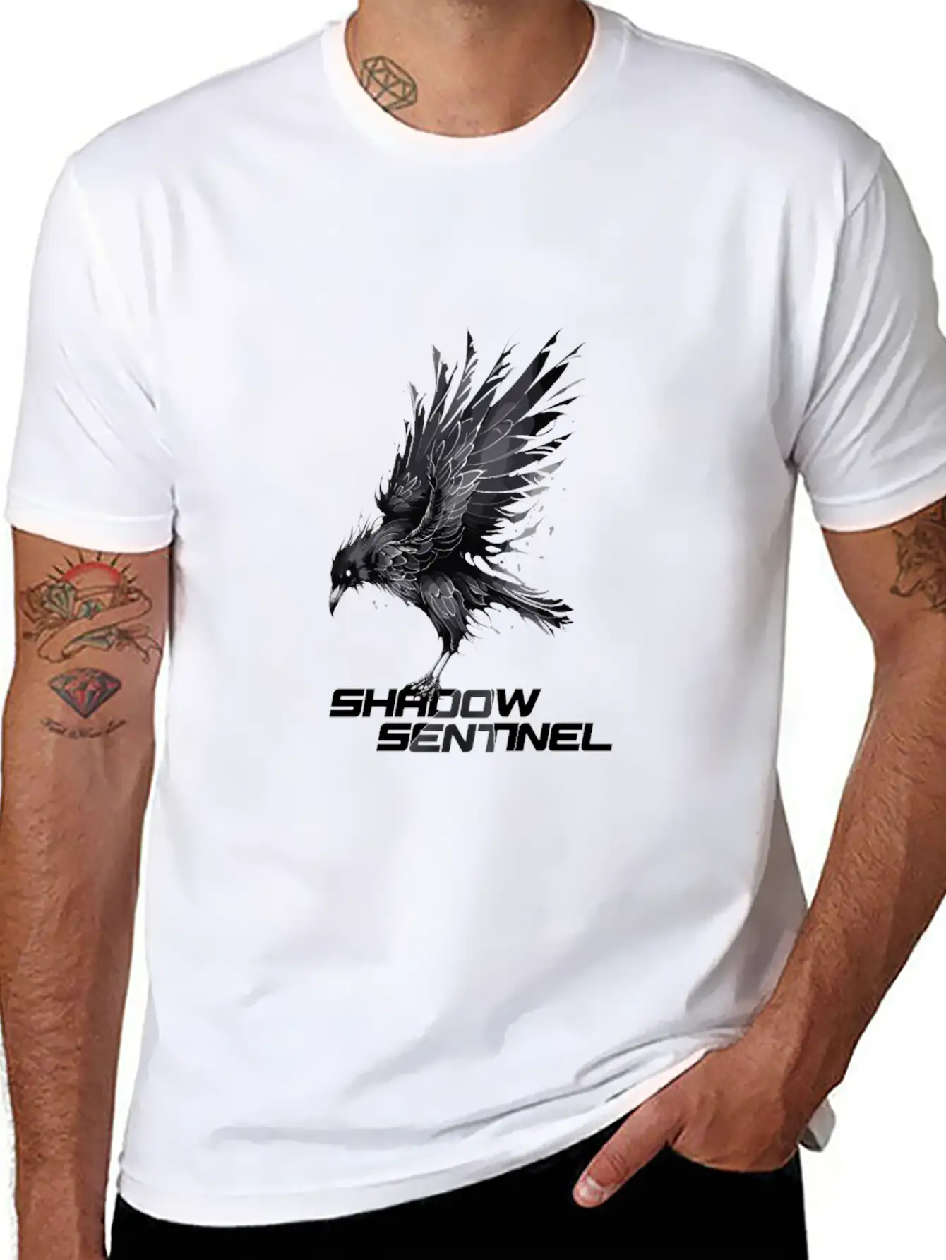 Raven With A Message: Shadow Sentinel Essential Cotton Tee For Daily Outfits – Unisex Style